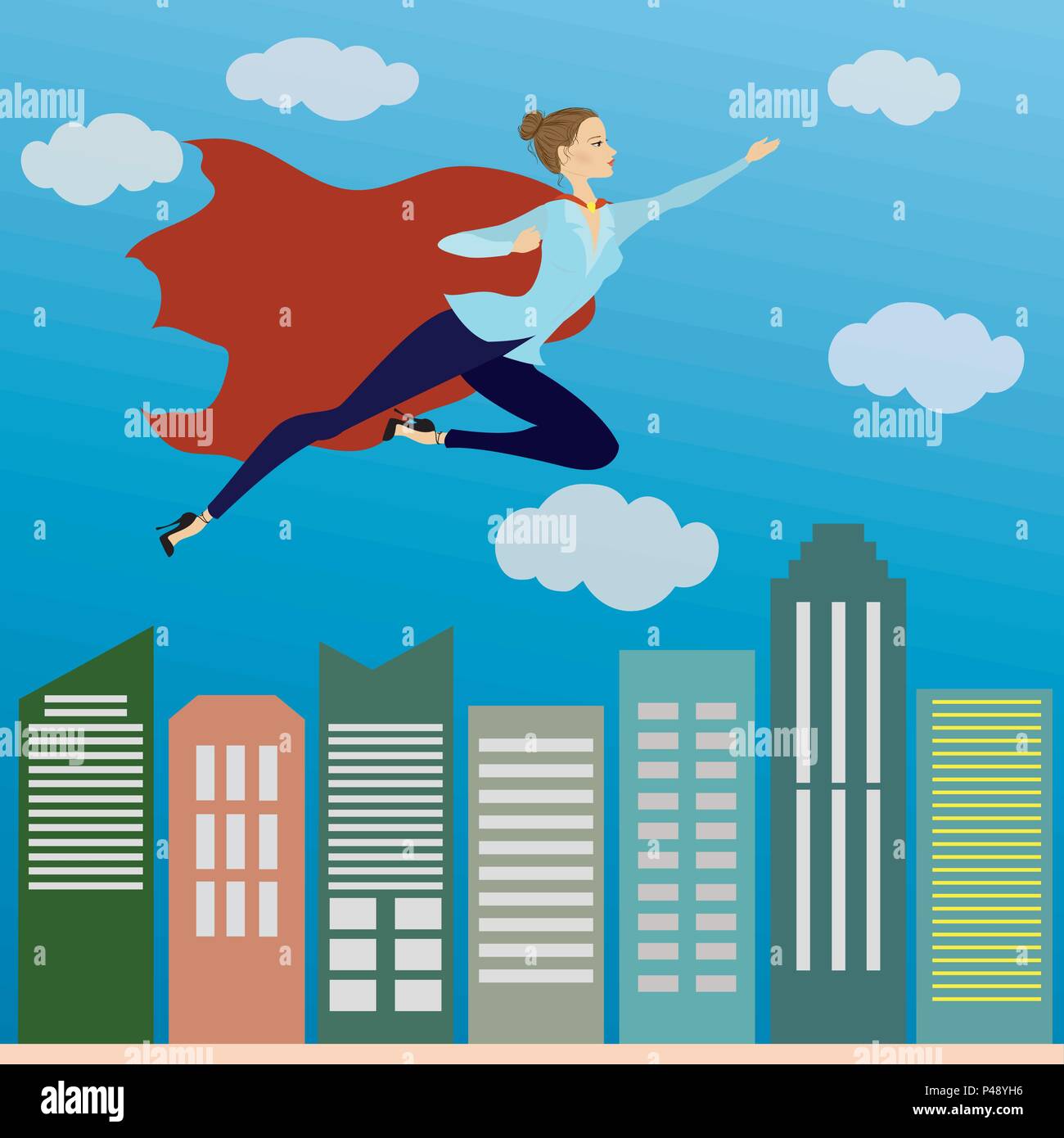 Business Woman super héros volant dans le ciel au-dessus de l'office de tourisme de gratte-ciel. Vector illustration Illustration de Vecteur