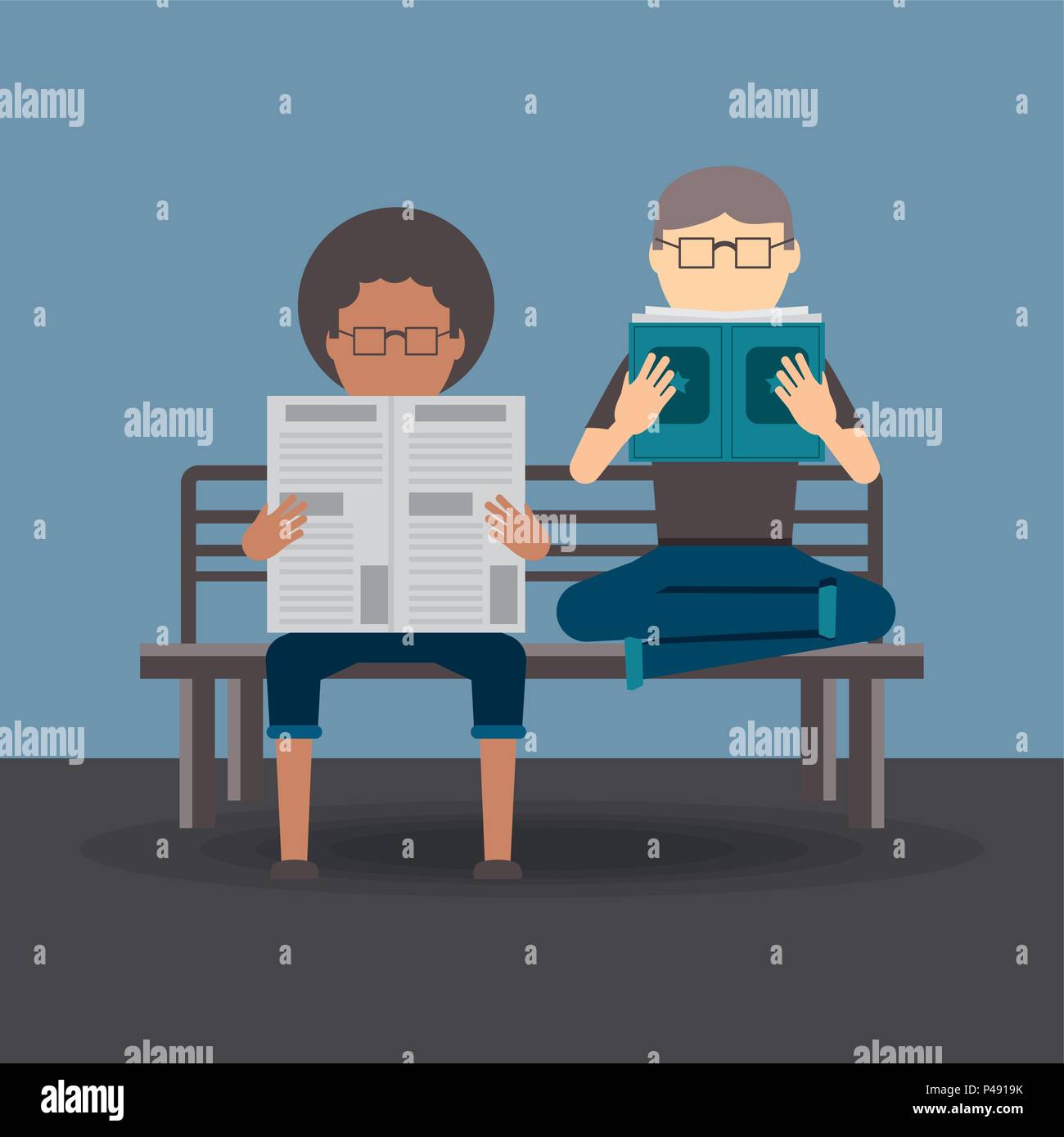Femme lisant un journal et l'homme de lire un livre assis sur un banc, sur fond bleu, design coloré. vector illustration Illustration de Vecteur