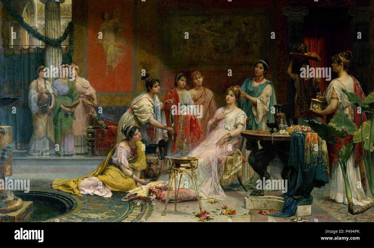 TOCADOR DE MATRONA ROMANA - UNE ANTÉRIEURE 1895 (Roma) - 0,85x146 cm. Auteur : Juan Jiménez Martín (1855-1901). Emplacement : CONGRESO DE LOS DIPUTADOS-PINTURA, MADRID, ESPAGNE. Banque D'Images