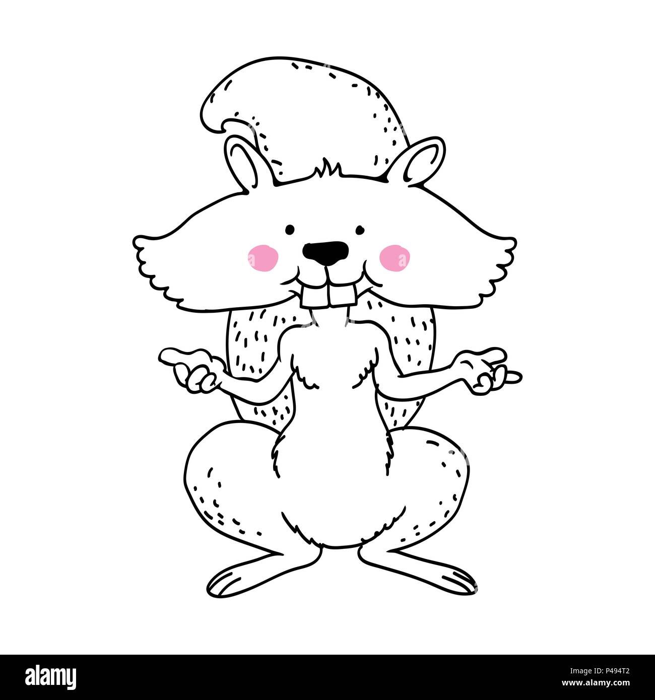 La main de l'écureuil mignon, caricature isolé sur fond blanc de l'écureuil. Le noir et blanc simple ligne Vector Illustration pour livre de coloriage - Ligne D Illustration de Vecteur
