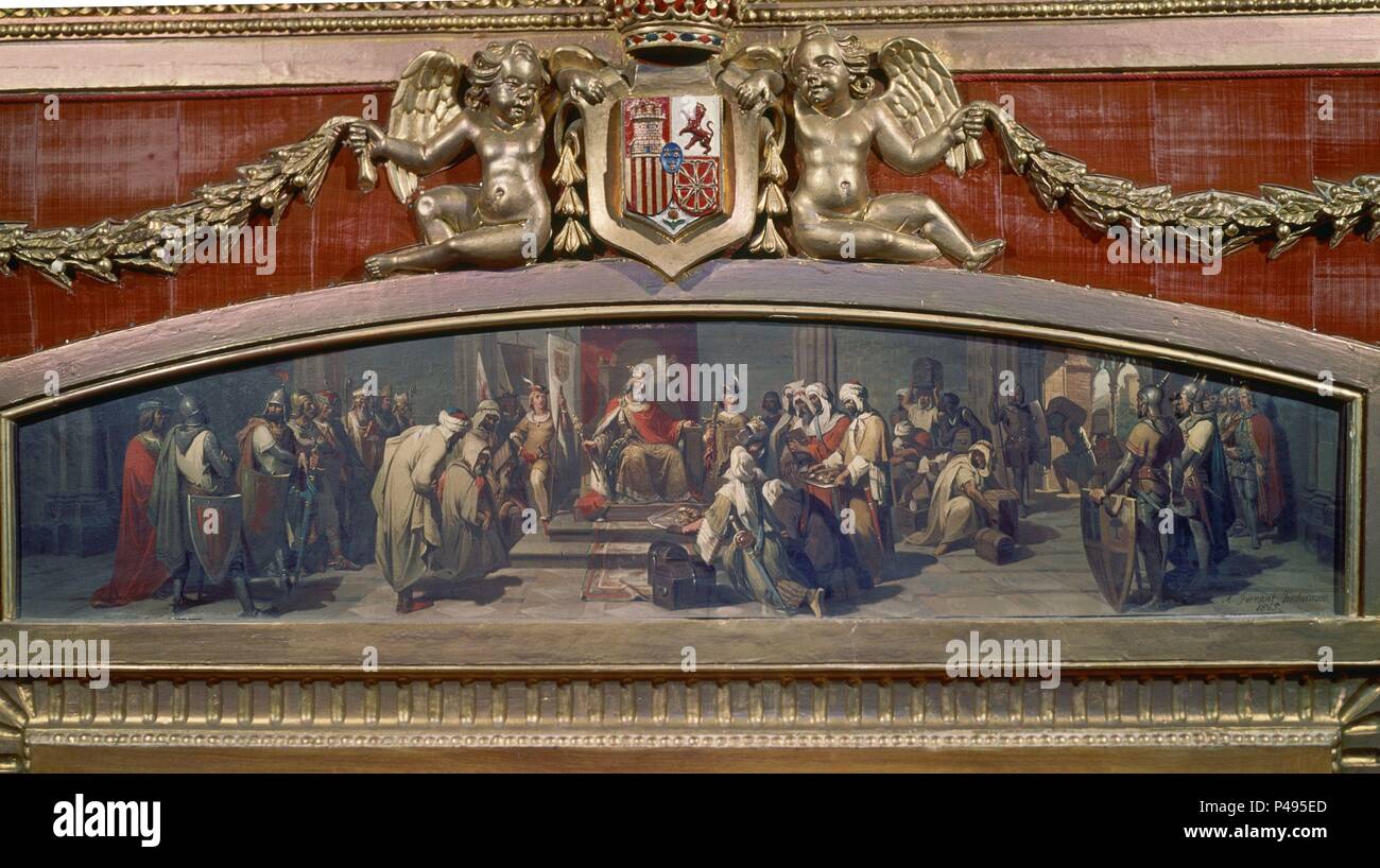 EL PAGO DEL TRIBUTO-SOBREPUERTA EN EL SALON DEL TRONO. Auteur : Alejandro Ferrant y Fischermans (1843-1917). Emplacement : DIPUTACION FORAL, Pamplona, Espagne. Banque D'Images