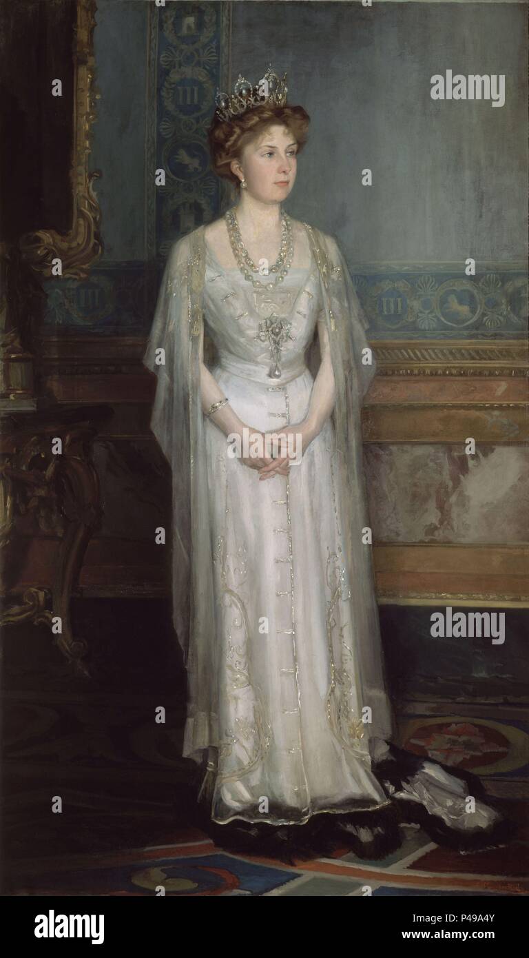 'Portrait de Victoria Eugénie de Battenberg', 1909-1911, huile sur toile, 212 x 128 cm. Auteur : Luis Menéndez Pidal (1861-1932). Emplacement : SENADO-PINTURA, MADRID, ESPAGNE. Banque D'Images