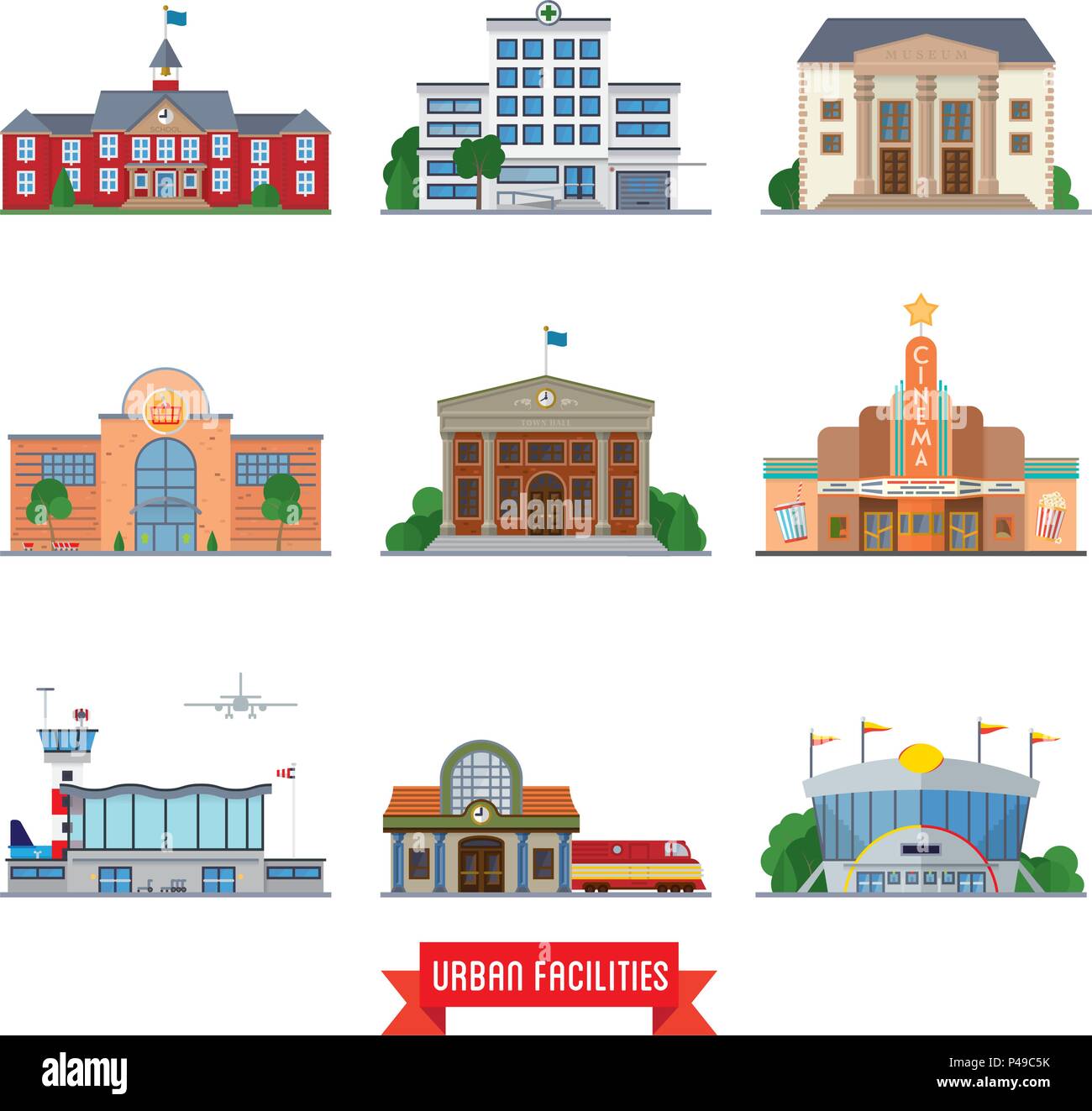 Ensemble de 9 modèle plat installations urbaines et des bâtiments publics Illustration de Vecteur
