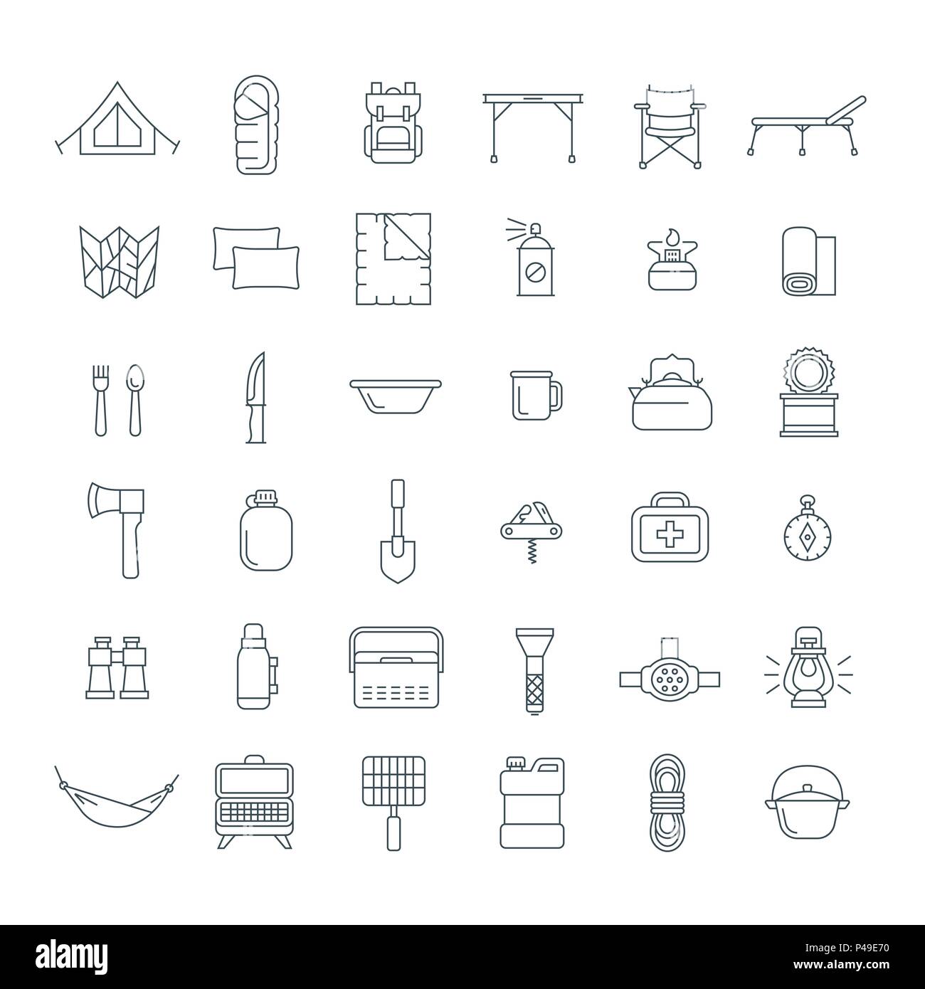 Équipements touristiques fine ligne icons set. Les sorties en plein air articles activité linéaire. Pour la randonnée, le trekking et le camping. Contour Vector illustration plate. Illustration de Vecteur