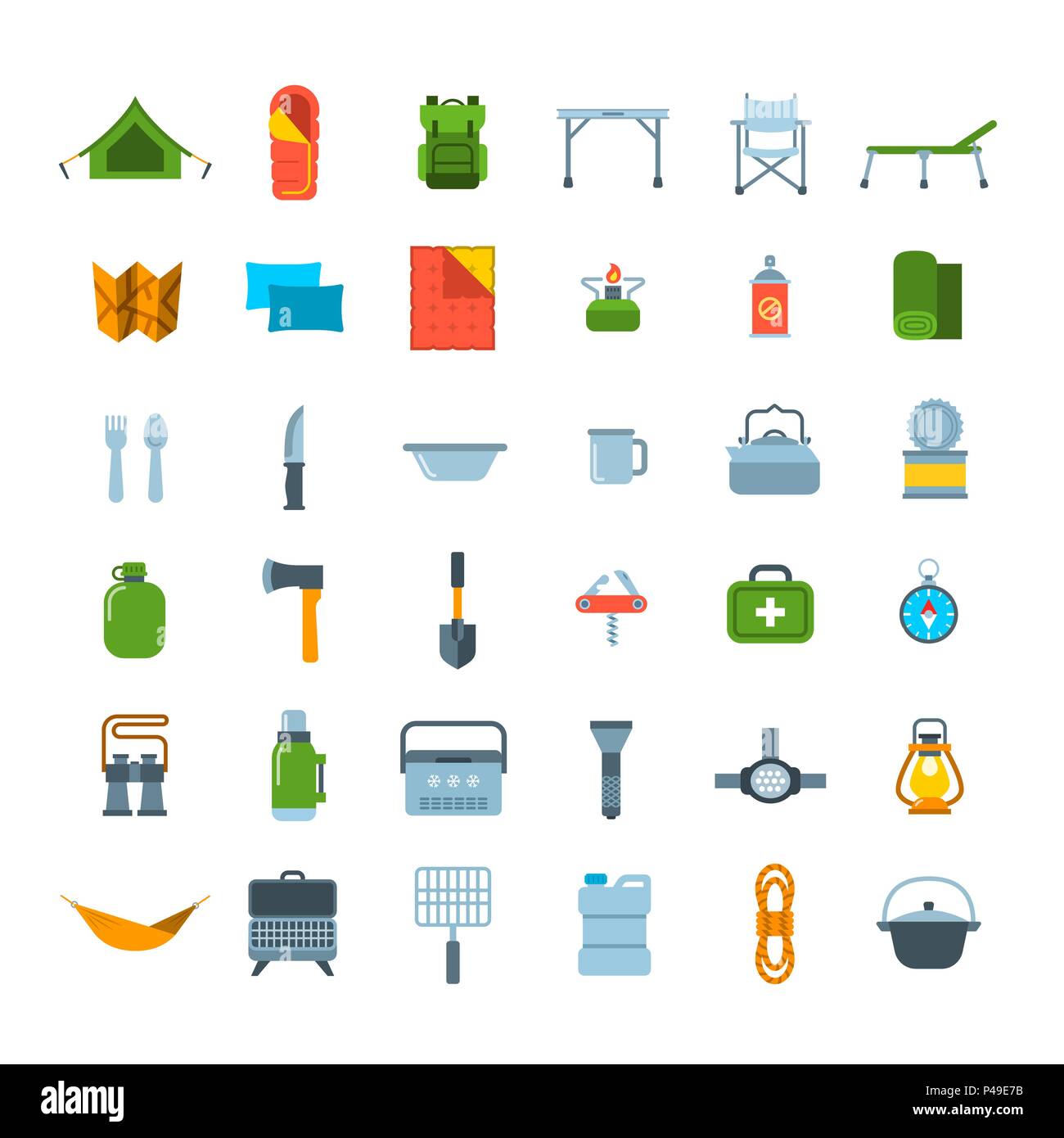 Équipements touristiques icons set. L'activité les sorties en plein air. Pour la randonnée, le trekking et le camping. Télévision vecteur illustration. Le tourisme estival accessori Illustration de Vecteur