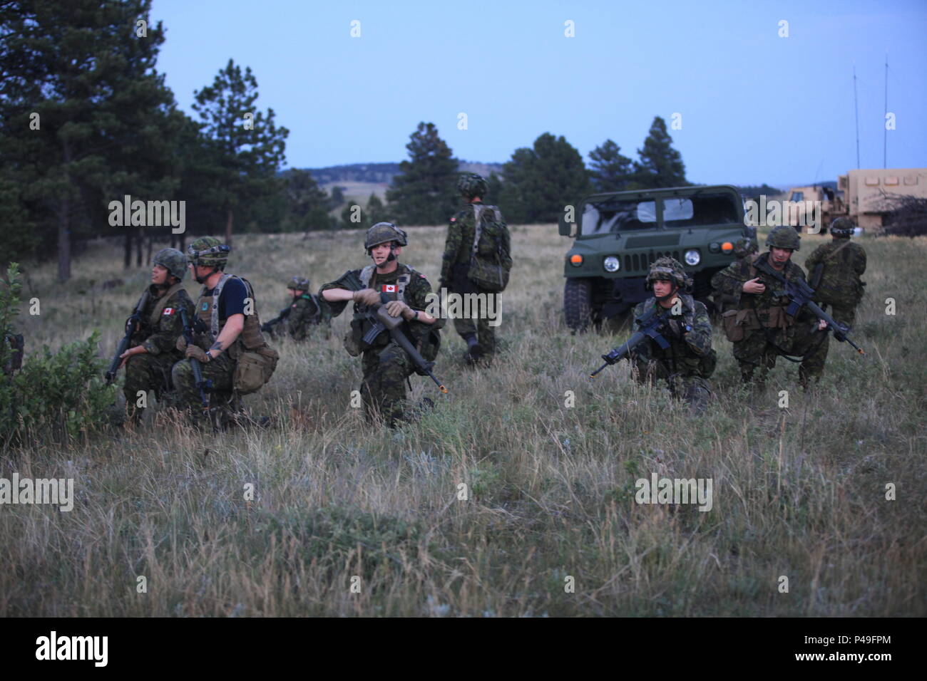 Forces armées canadiennes affectées à la Calgary Highlanders et Loyal Edmonton Regiment réagir à contacter au cours de l'exercice, Coyote d'or Custer, S.D, 17 juin 2016. Le Coyote d'or l'exercice est un trois-phase, axée sur des mises en exercice mené dans les Black Hills du Dakota du Sud et le Wyoming, qui permet de se concentrer sur les commandants de mission besoins essentiels concernant la tâche, les tâches et les exercices de combat guerrier. (U.S. Photo de l'armée par la CPS. Bryant Abel/ libéré) Banque D'Images