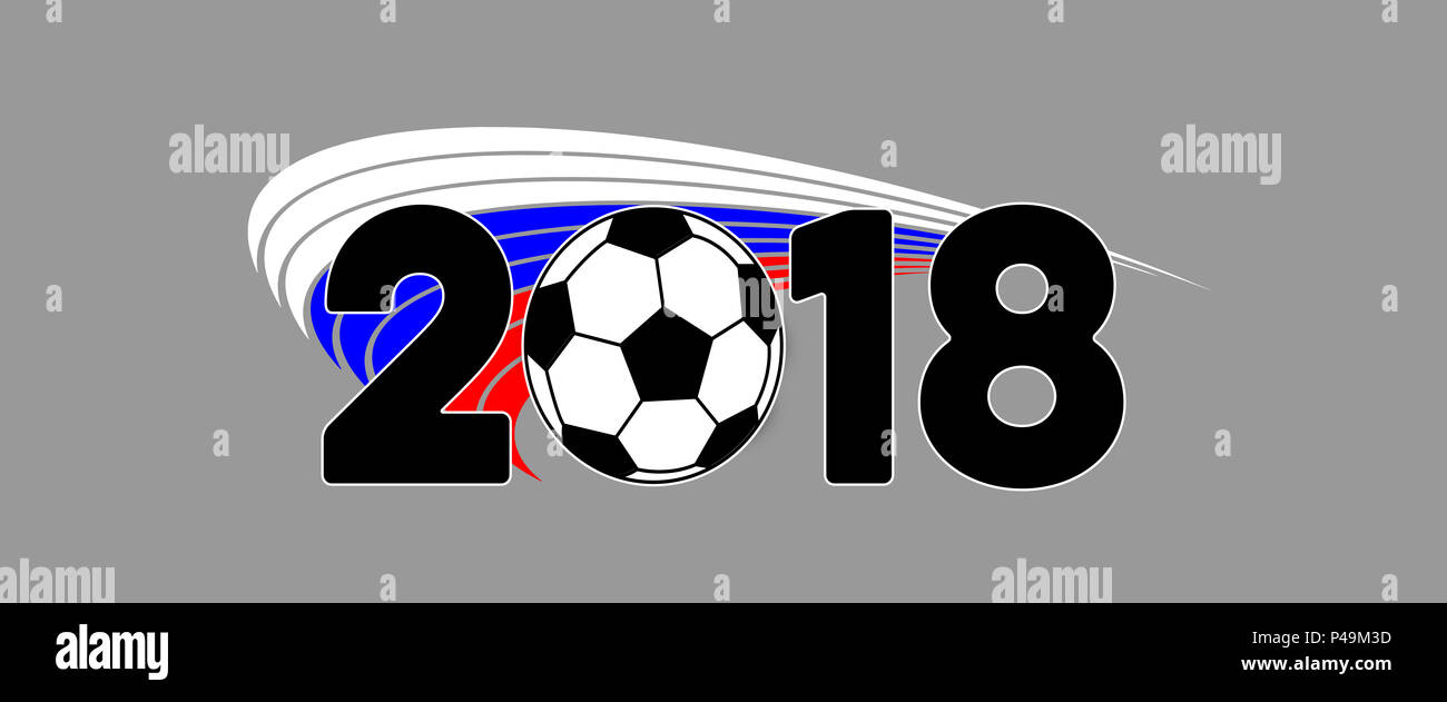 2018 Football bannière avec ballon de soccer et drapeau russe Banque D'Images