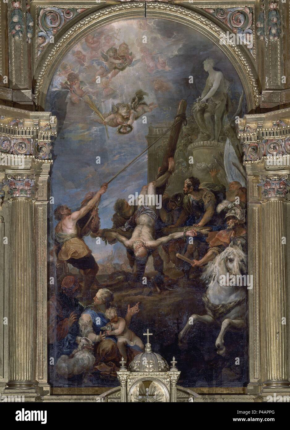 Retable DE SAN PEDRO - 1655 - DETALLE DEL MARTIRIO DE SAN PEDRO - BARROCO ESPAÑOL. Auteur : Francisco Rizi (1614-1685). Lieu : st. PETER'S CHURCH, FUENTE EL SAZ, MADRID, ESPAGNE. Banque D'Images