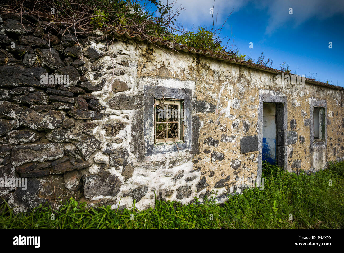 Le Portugal, Açores, île de Faial, Norte Pequeno, ruines du bâtiment endommagé par l'éruption volcanique du volcan Capelinhos Banque D'Images