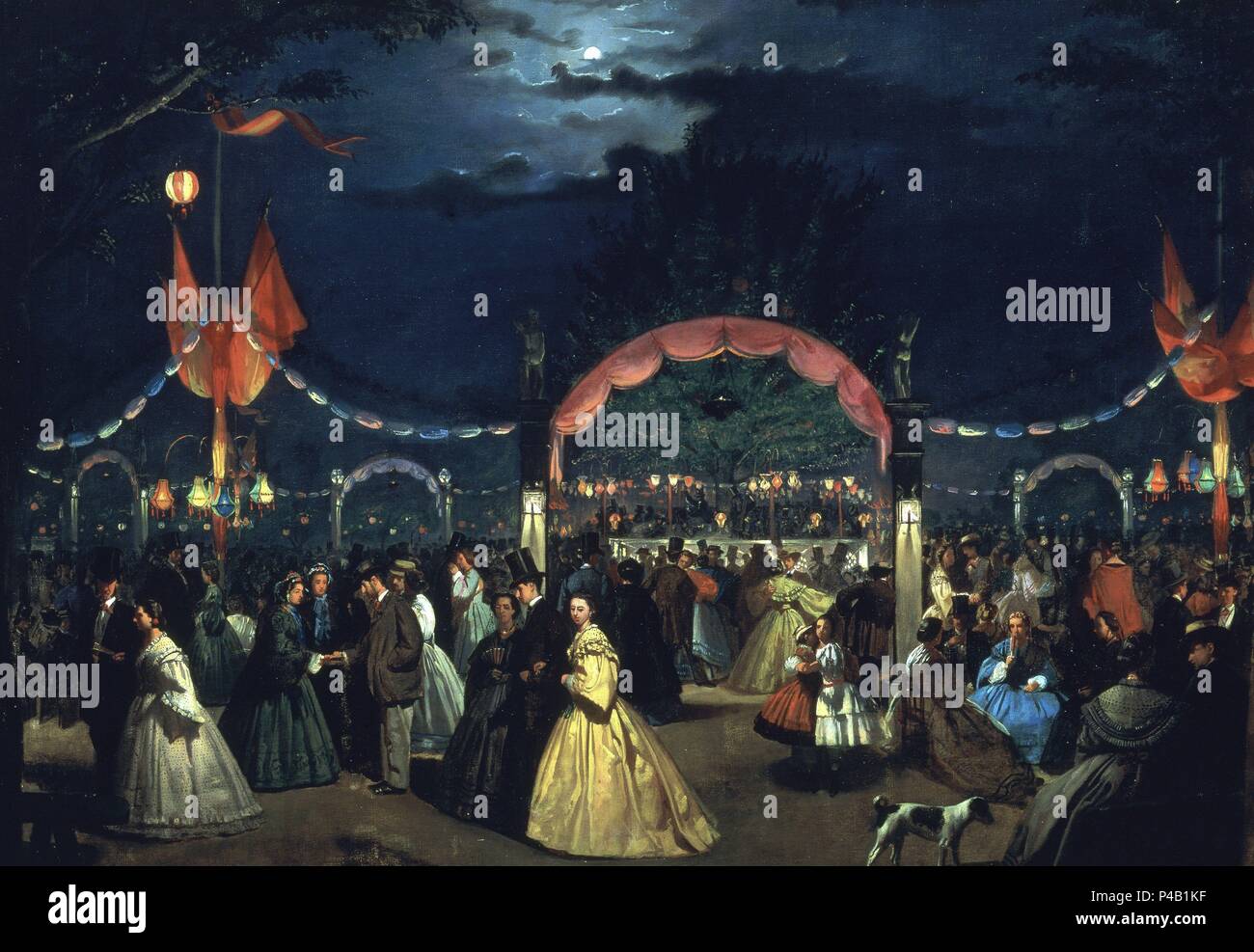 Danse dans le paradis les jardins publics - 1862 - Huile sur toile - 78x112 cm. Auteur : Rafael Botella Coloma (d. 1871). Lieu : Musée de l'histoire de fille-, ESPAGNE. Également connu sous le nom de : EL JARDIN PUBLICO DE MADRID LLAMADO "El Paraiso", EN NOCHE DE BAILE. Banque D'Images