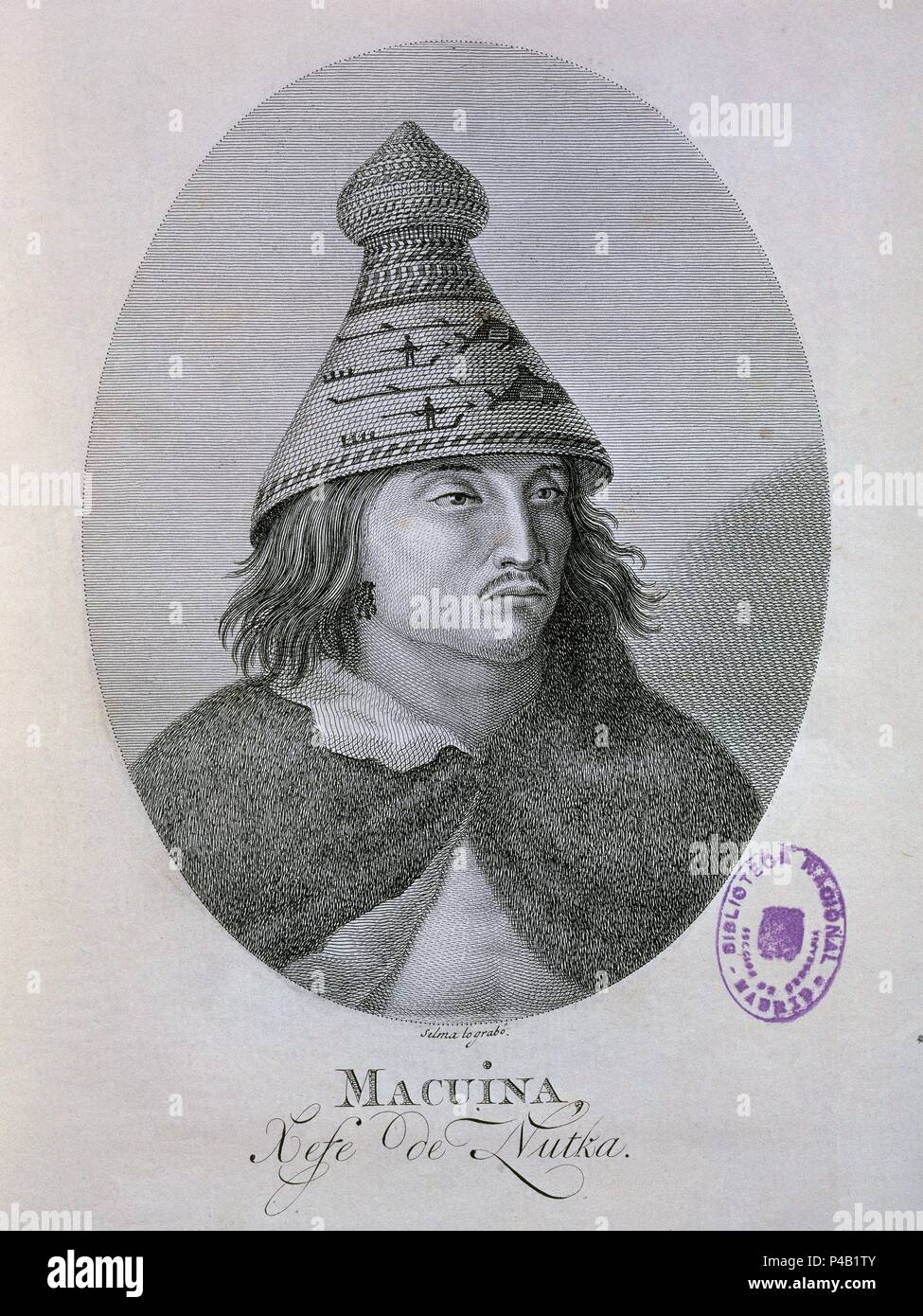 VIAJE AL ESTRECHO DE JUAN DE FUCA - RELACION del Viaje hecho por las Goletas SUTIL Y MEXICANA EN 1792 - RETRATO DE MACUINA JEFE DE NUTKA. Auteur : Fernando Selma (1752-1810). Emplacement : BIBLIOTECA NACIONAL-COLECCION, MADRID, ESPAGNE. Banque D'Images