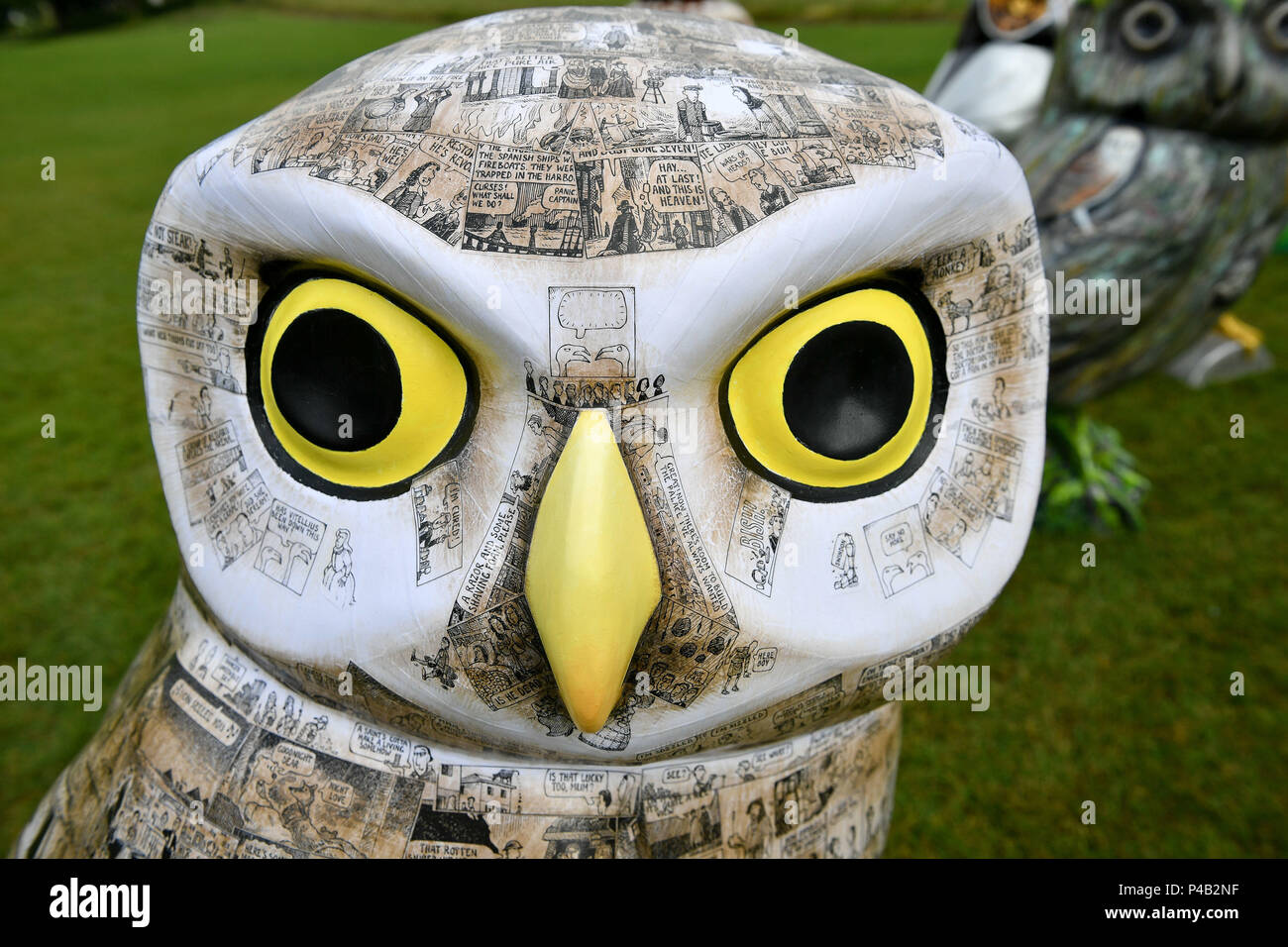 Les hiboux de Minerva de baignoire sculpture, intitulée 'Festiv' Owl', l'un des hiboux décoré 85 qui fait partie d'un parcours artistique qui a lieu autour de la ville pendant trois mois à partir du 25 juin 2018. Banque D'Images