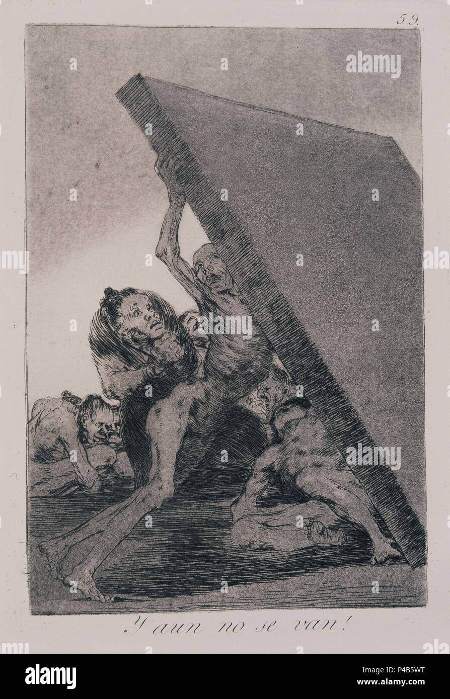 Le Caprices, de la plaque 59. "Et encore ils ne vont pas ! (¡Y Aún no se van !)", 1799, Eau-forte, aquatinte brunie et burin sur papier vergé, 21,9 x 15,2 cm. Auteur : Francisco de Goya (1746-1828). Emplacement : BIBLIOTECA NACIONAL-COLECCION, MADRID, ESPAGNE. Banque D'Images