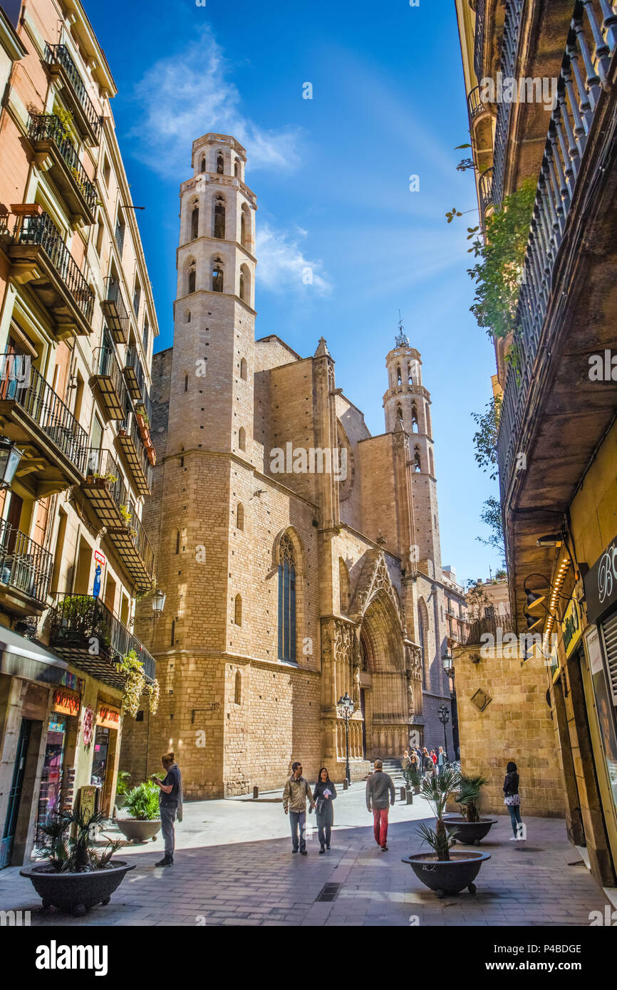 La rue Argenteria, la ville de Barcelone, Ciutat Vella, el rabal, l'église Santa Maria del Mar, Espagne Banque D'Images