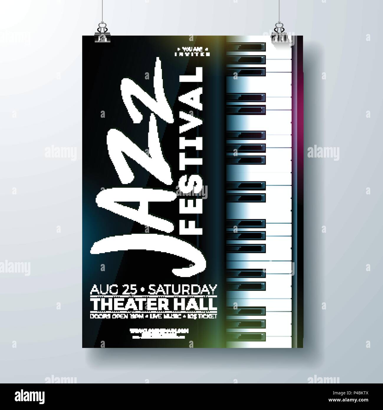 Festival de musique Jazz Flyer Design avec clavier de piano sur fond sombre. Parti vecteur Illustration Modèle pour l'affiche, Invitation, Brochure, Bannière promotionnelle ou d'une carte de Vœux. Illustration de Vecteur