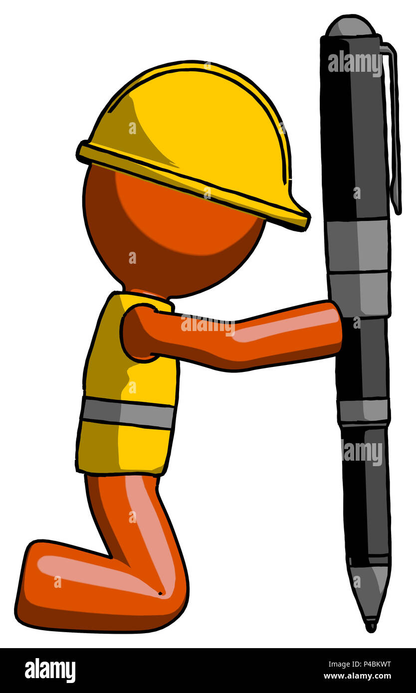 La construction d'Orange de l'entrepreneur travailleur homme posant avec un stylo géant de manière maladroite mais puissant. Parce que son drôle. Banque D'Images