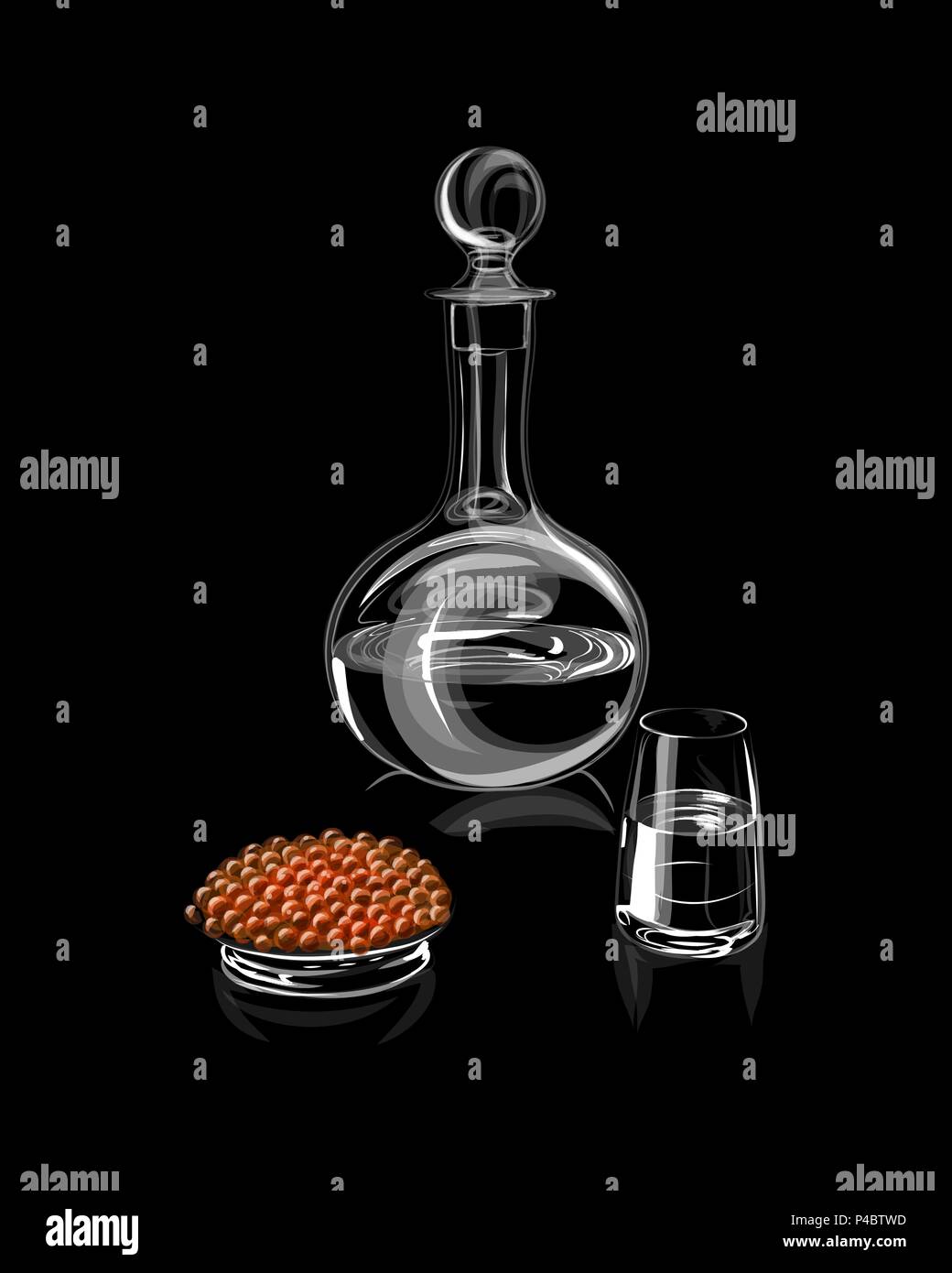 Carafe décanteur ou avec du verre et caviar rouge Illustration de Vecteur