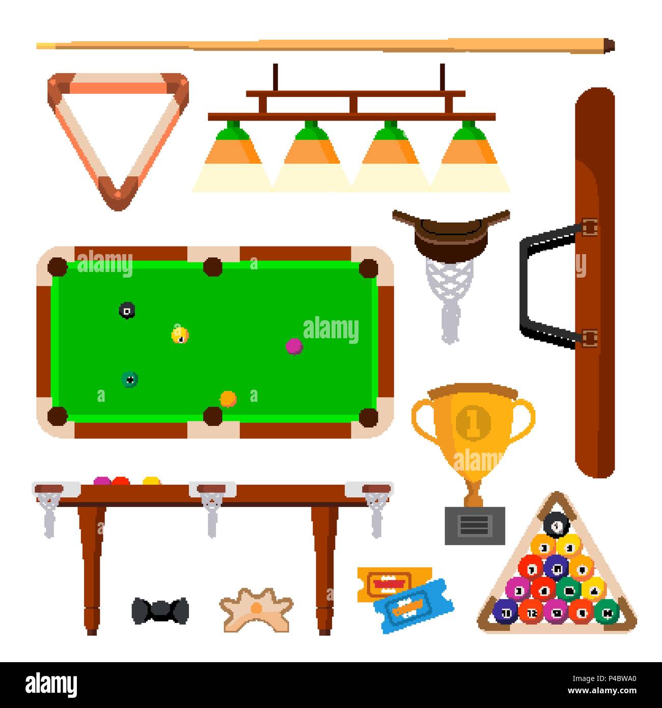 Snooker Icons Set vecteur. Snooker, Accessoires de billard. Boules, Cue, Green Table, Lampe. Télévision Cartoon illustration isolé Illustration de Vecteur