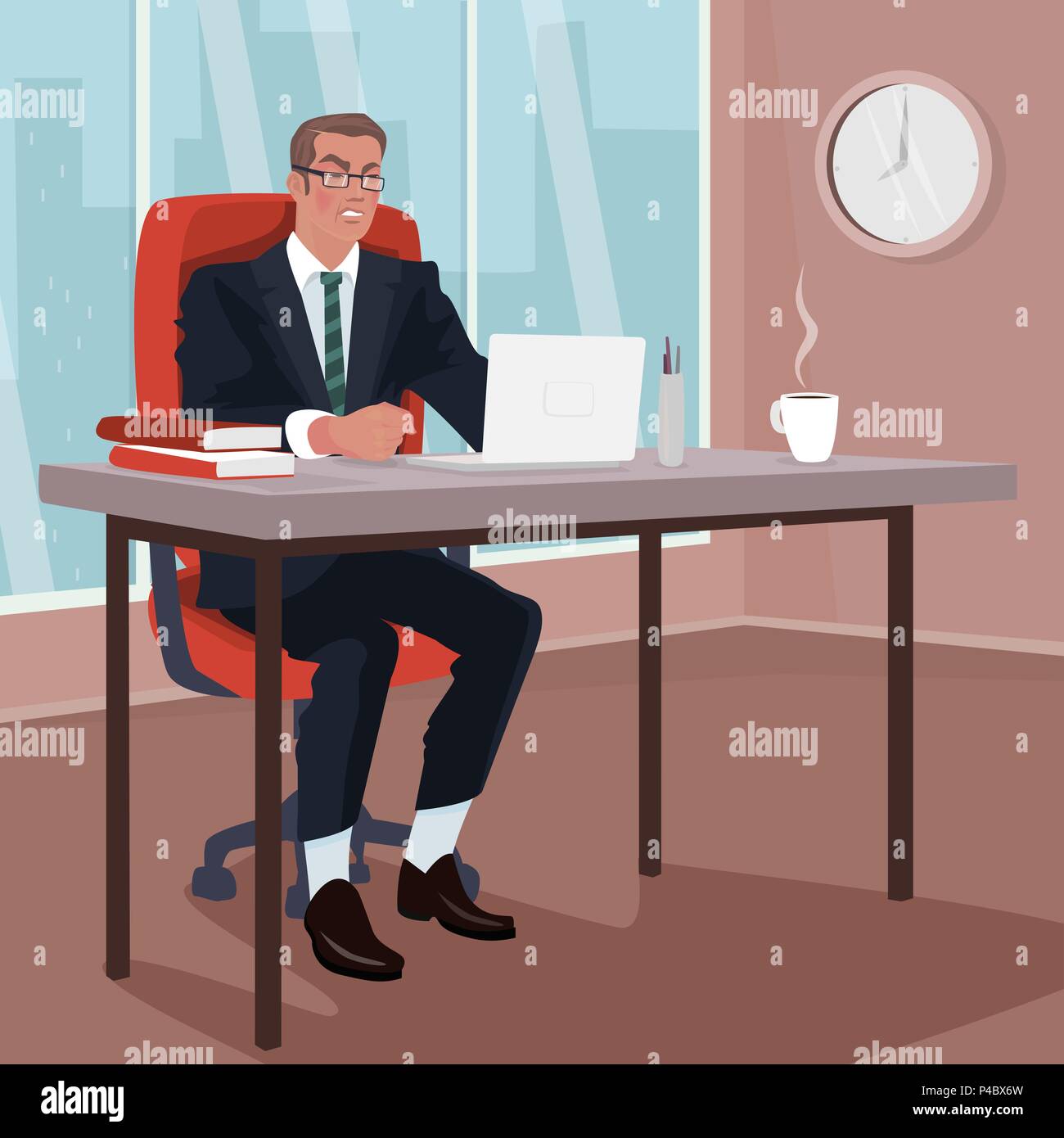 Angry businessman sitting on fauteuil rouge dans le bureau. L'homme mécontent en affaires de même en milieu de travail. Difficulté ou problème concept. C réaliste simpliste Illustration de Vecteur