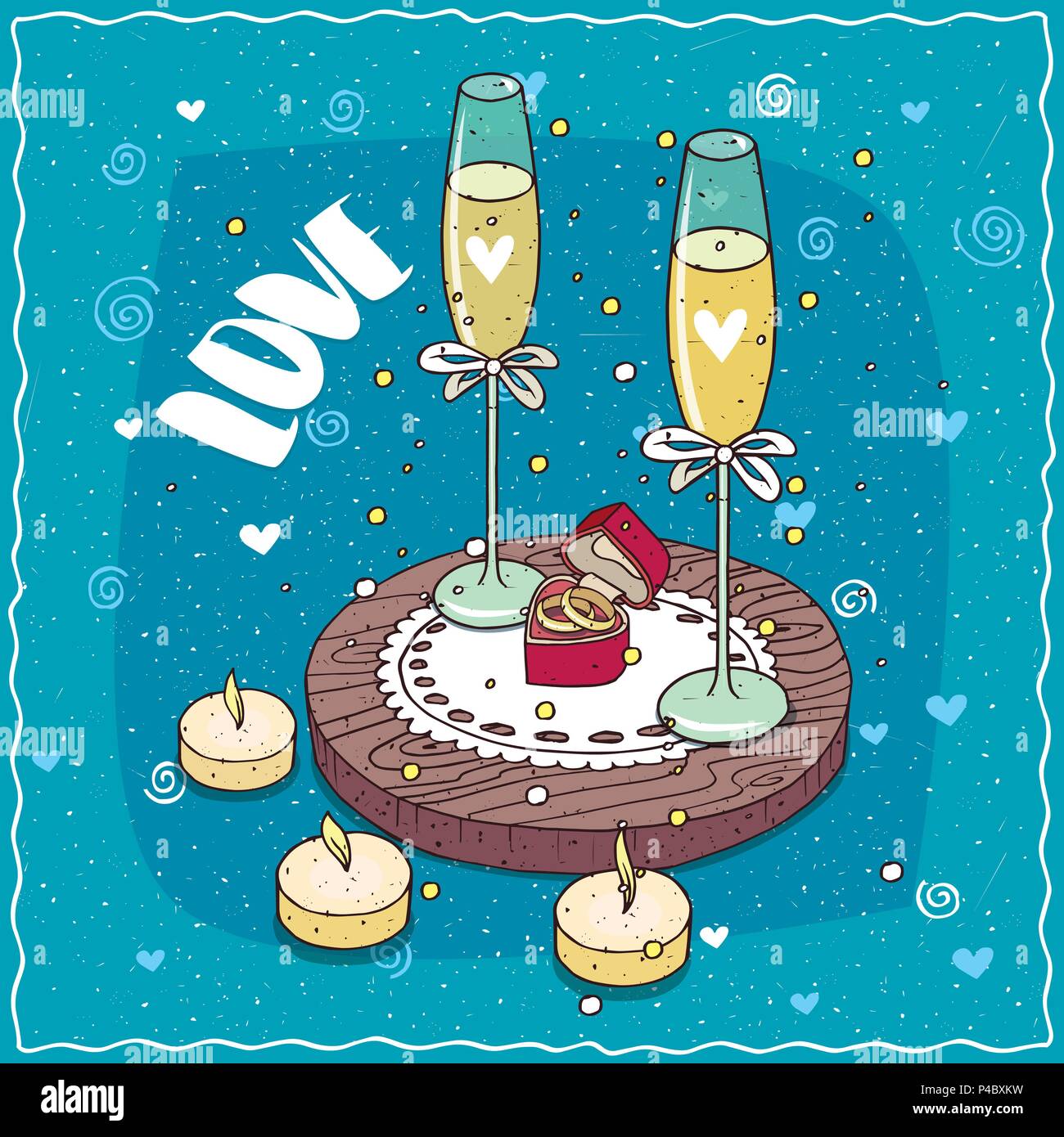 Composition romantique sur planche de bois, des verres de champagne ou de cidre et de deux anneaux de mariage dans coffret en forme de coeur. Le lettrage de l'amour. Hand drawn com Illustration de Vecteur