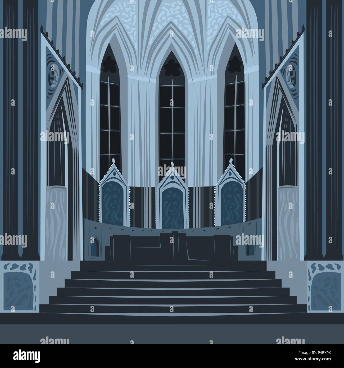 Vue spectaculaire sur l'autel de la nef à l'intérieur de l'église cathédrale. Intérieur de la basilique catholique de nuit. Dessiner à main réaliste simplifiée style art bande dessinée Illustration de Vecteur