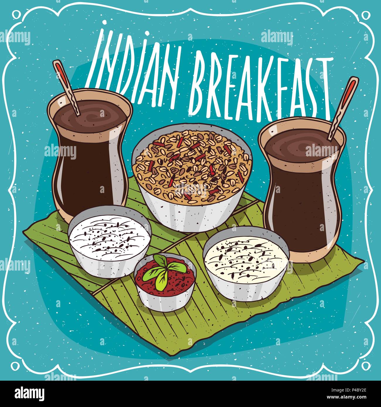 Un petit-déjeuner traditionnel pour deux personnes, de l'alimentation de la cuisine indienne, du muesli ou à l'avoine avec sauce épicée et du fromage et masala thé chai. Hand drawn comi Illustration de Vecteur