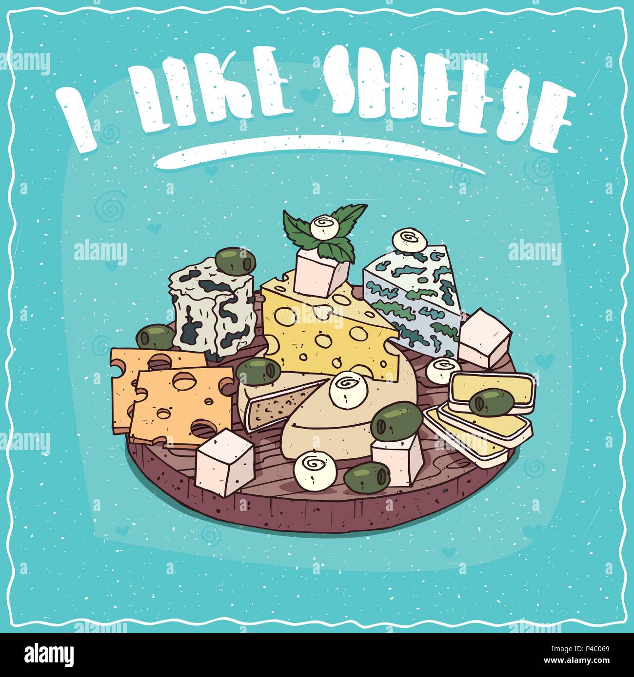 Plaque avec groupe de différents fromages, tels que des morceaux de feta, mozzarella balls douces, des tranches de fromage de chèvre, avec du blanc et bleu, moule pièce creately Illustration de Vecteur