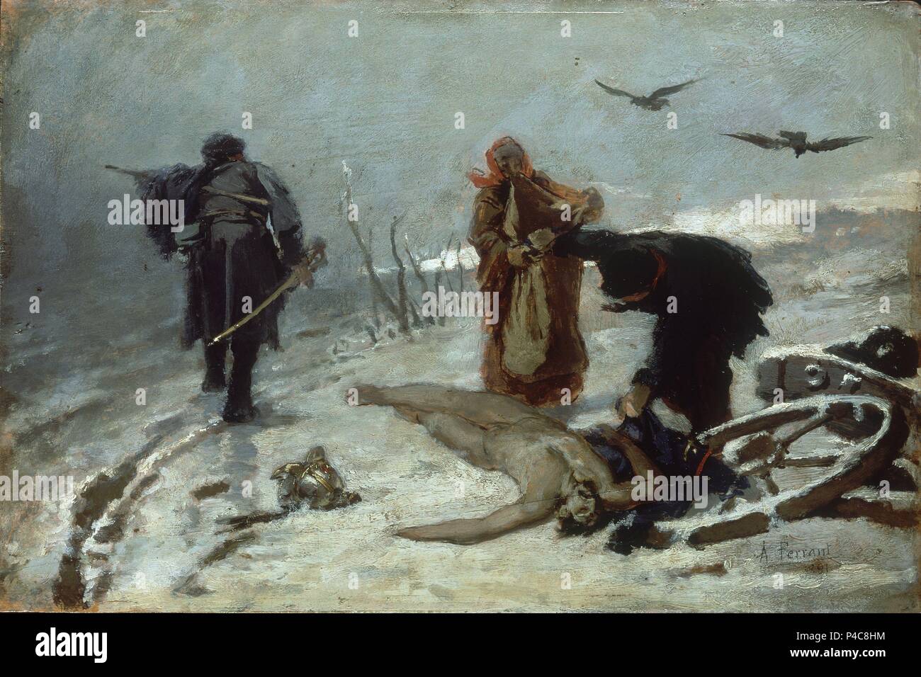 MISERIAS DE LA GUERRA EN UN PAISAJE NEVADO. Auteur : Alejandro Ferrant y Fischermans (1843-1917). Emplacement : Banco de España-COLECCION ARTE, MADRID, ESPAGNE. Banque D'Images