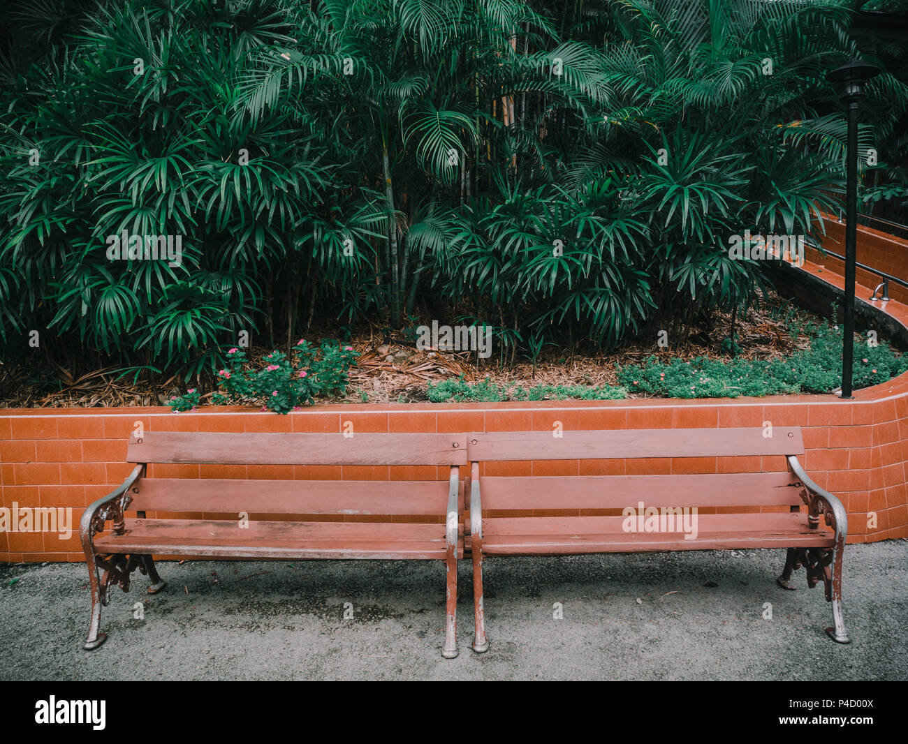 Lits bois longs bras chaise à l'extérieur du parc. Banque D'Images