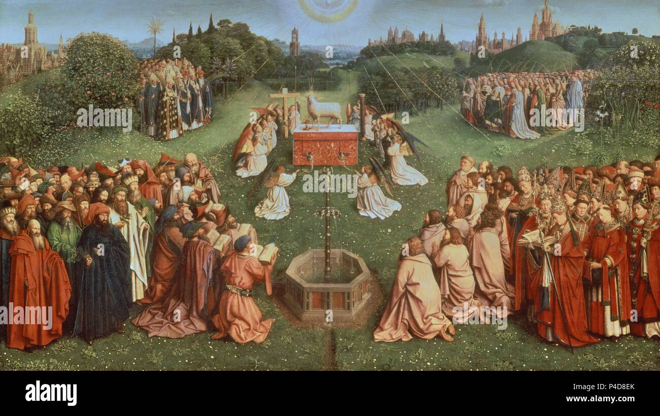 L'Adoration de l'agneau mystique, de la Gand retable, la moitié inférieure du panneau central - 1432 - 137,7x242,3 cm - huile sur panneau - gothique flamand. Auteur : Jan van Eyck (1390-1441). Emplacement : CATEDRAL DE SAN BAVON, Gand, Belgique. Aussi connu sous : ADORACION DEL CORDERO MISTICO. Banque D'Images