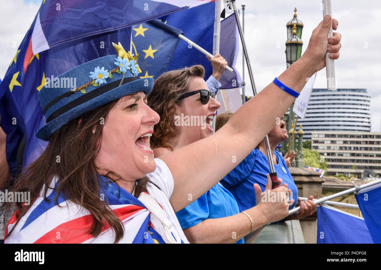 Les partisans pro-UE se sont rassemblés sur le pont de Westminster pour démontrer que les députés ont débattu des amendements au projet de loi de retrait,London.UK 20.06.2018 Banque D'Images