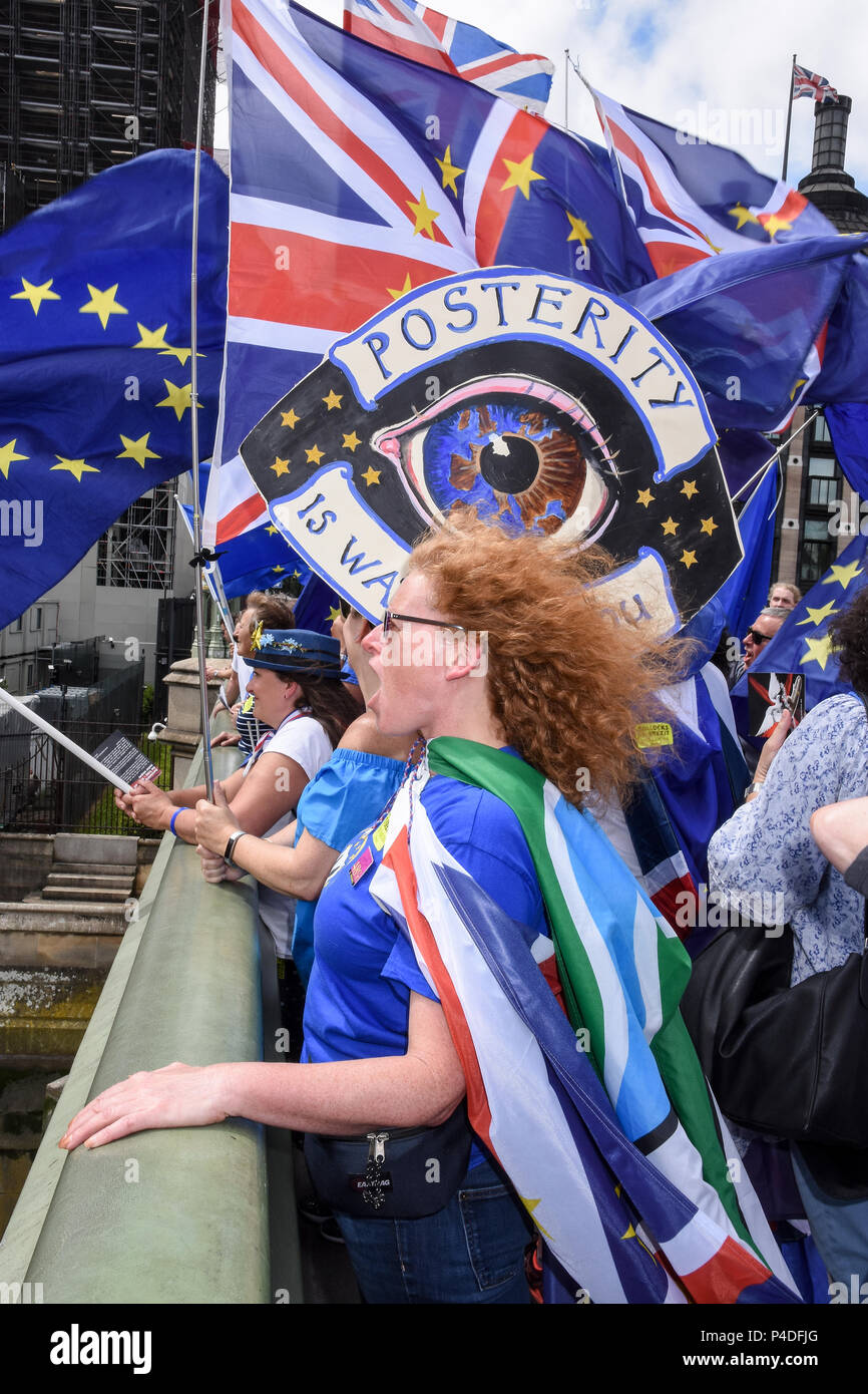 Les partisans pro-UE se sont rassemblés sur le pont de Westminster pour démontrer que les députés ont débattu des amendements au projet de loi de retrait,London.UK 20.06.2018 Banque D'Images