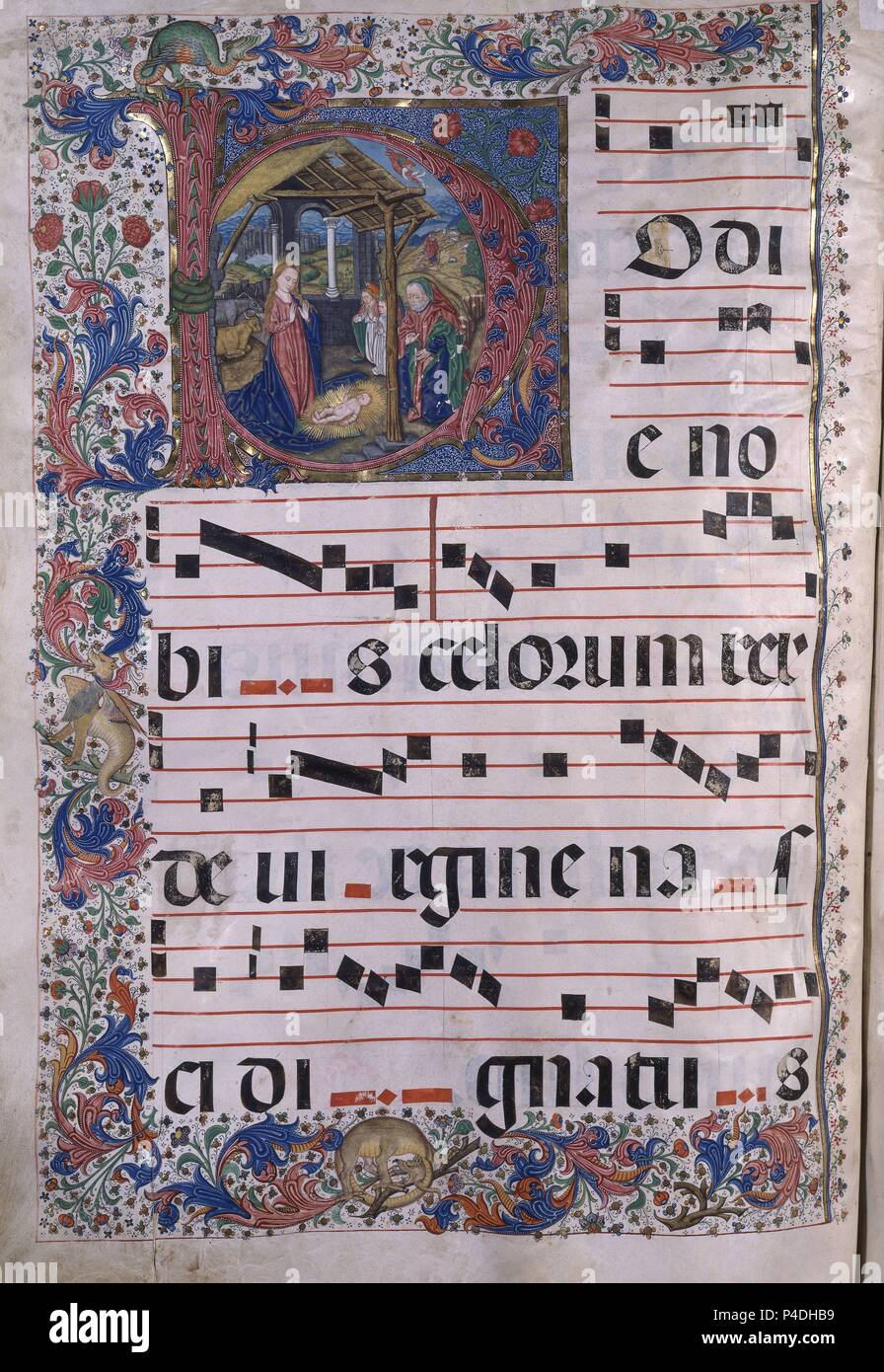 LIBRO DE CORO-S XV-PAGINA MINIADA-LETRA B CON ESCENA DEL PORTAL DE BELEN. Emplacement : MONASTERIO-BIBLIOTECA, Guadalupe, Caceres, ESPAGNE. Banque D'Images