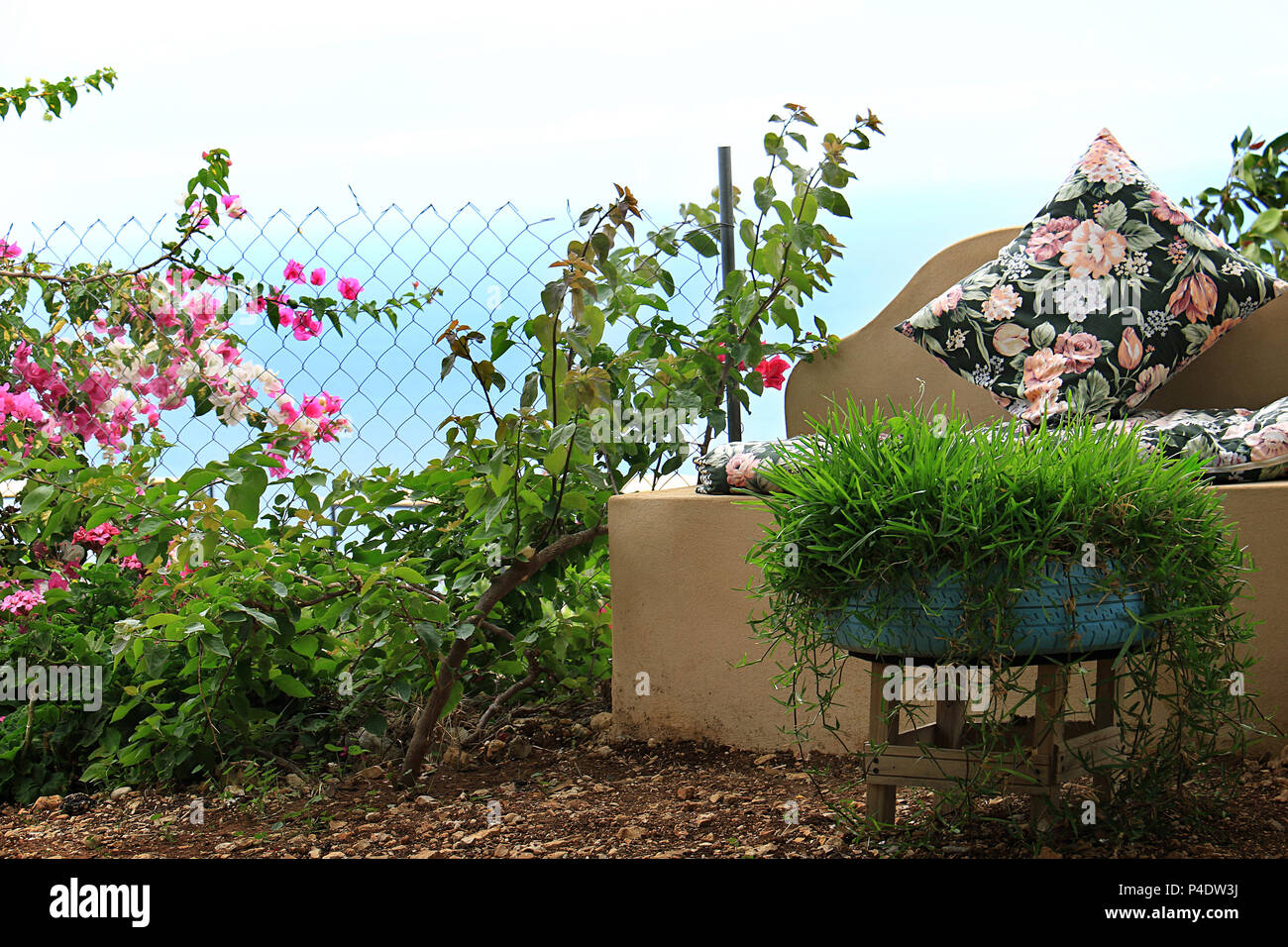 Un coin salon confortable avec des coussins faits dans le jardin. Banque D'Images