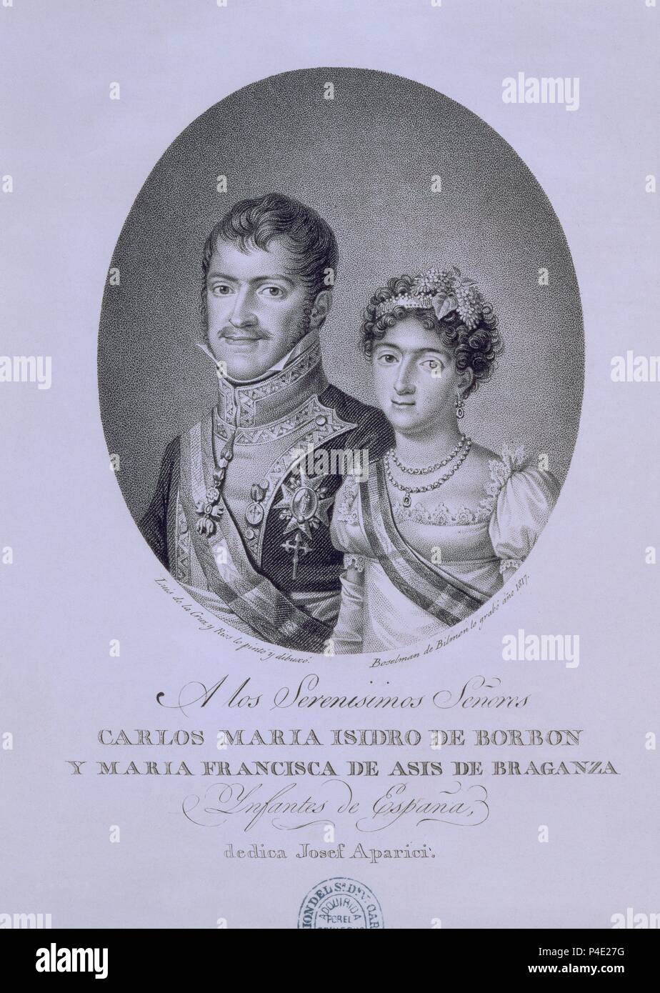 CARLOS MARIA ISIDRO Y Maria Francisca de Asis BRAGANZA - GRAVURE SIGLO XIX. Auteur : Luis de la Cruz y Ríos (1776-1853). Emplacement : BIBLIOTECA NACIONAL-COLECCION, MADRID, ESPAGNE. Banque D'Images