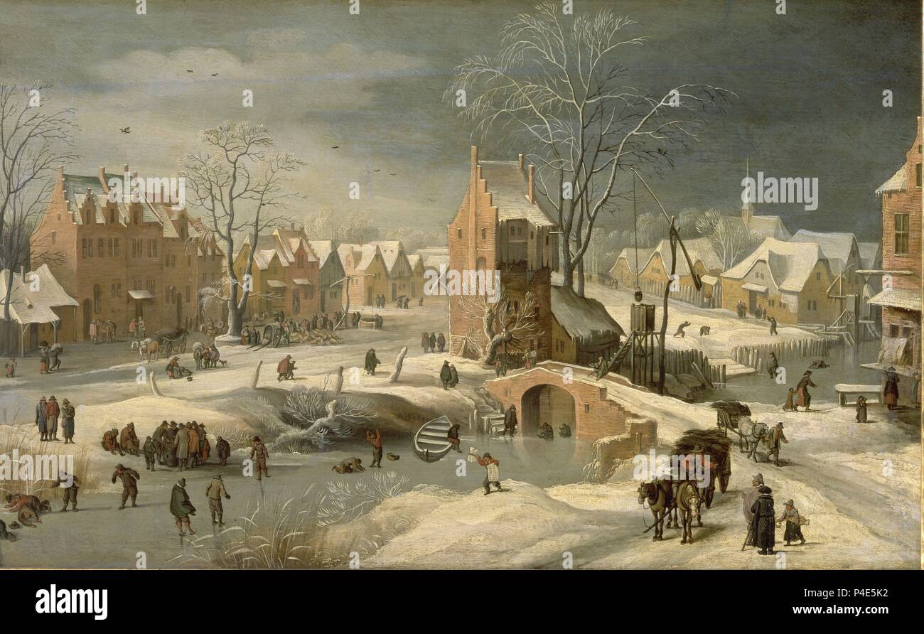 PAISAJE NEVADO - siglo XVII - OLEO/TABLA - 45 x 76 cm - NP 2816 - ESCUELA FLAMENCA. Auteur : Pieter Brueghel le Jeune (1564-1638). Emplacement : Museo del Prado-PINTURA, MADRID, ESPAGNE. Banque D'Images