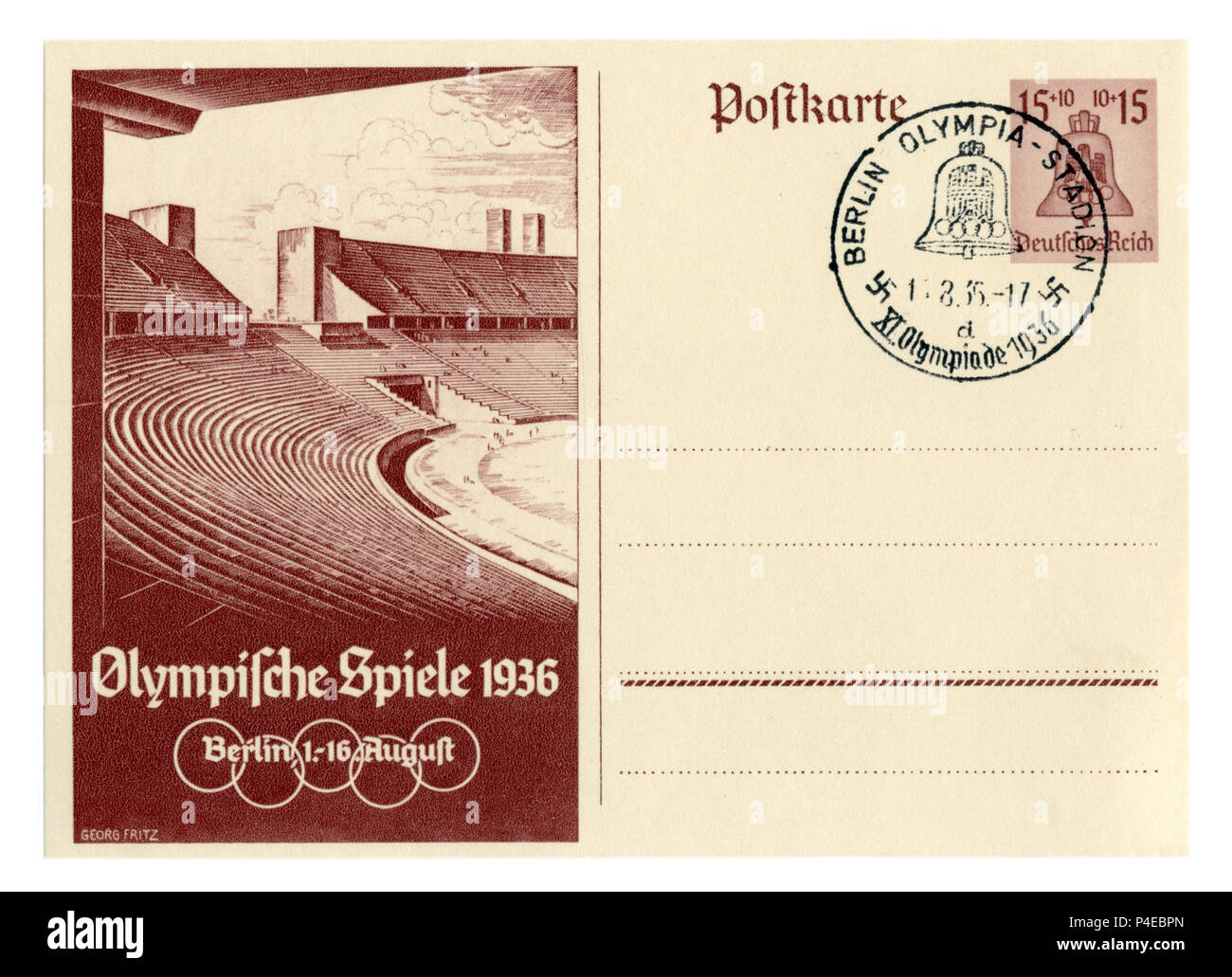 Carte postale historique allemand : 11e Jeux Olympiques d'été 1936 à Berlin, le stade olympique. La cloche est un symbole des jeux, une annulation, Banque D'Images