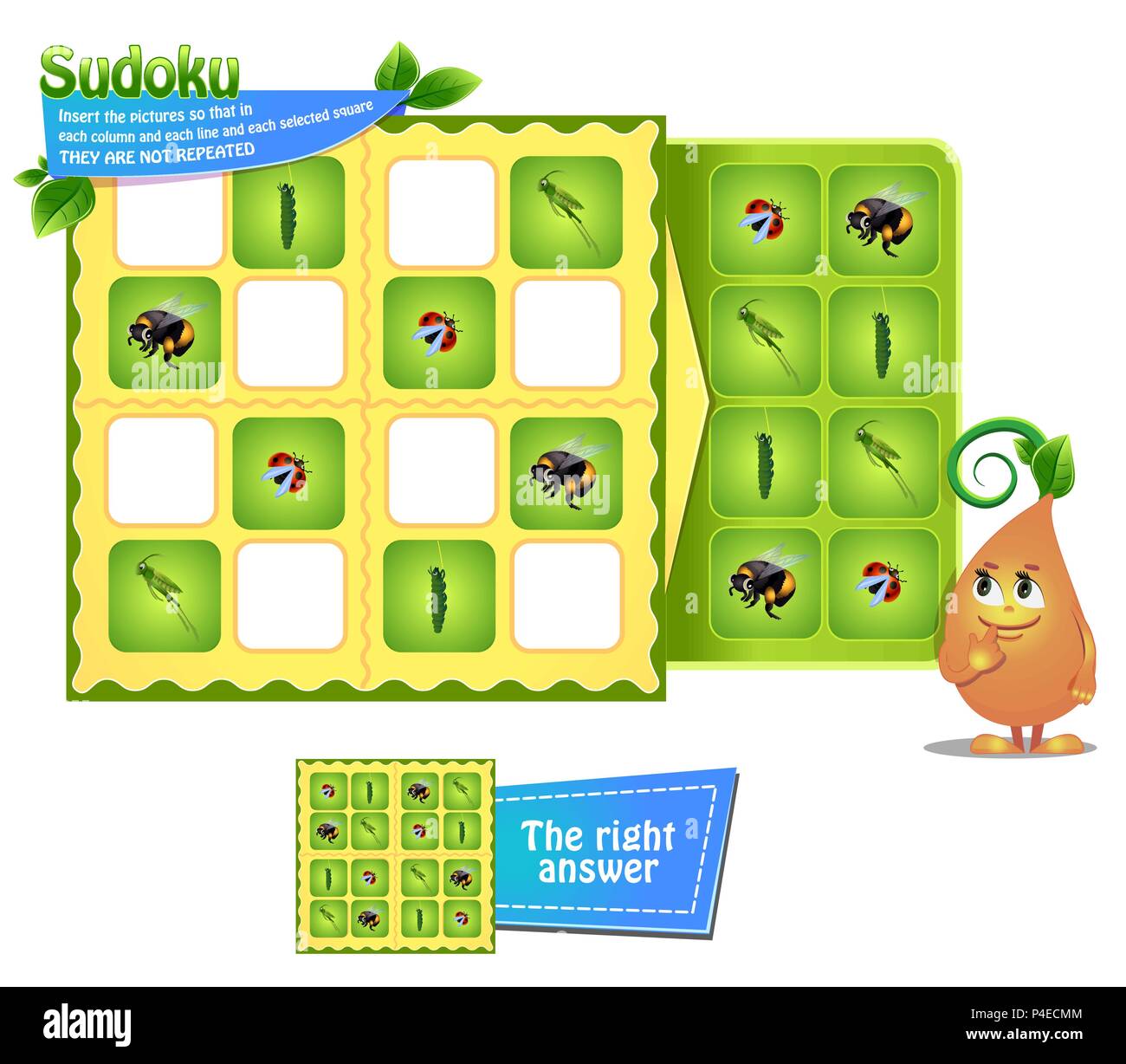 Jeu de sudoku pour les enfants avec des images d'insectes. Fiche d'activités pour les enfants. La logique de formation, jeu éducatif Illustration de Vecteur