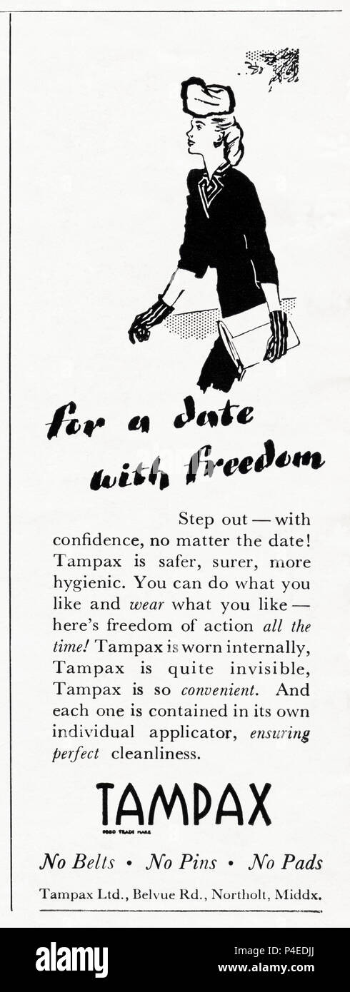 1940 old vintage publicité Publicité Original Tampax tampons sanitaires dames magazine en Anglais vers 1946 lorsque les fournitures sont encore restreintes en vertu de rationnement de l'après-guerre Banque D'Images