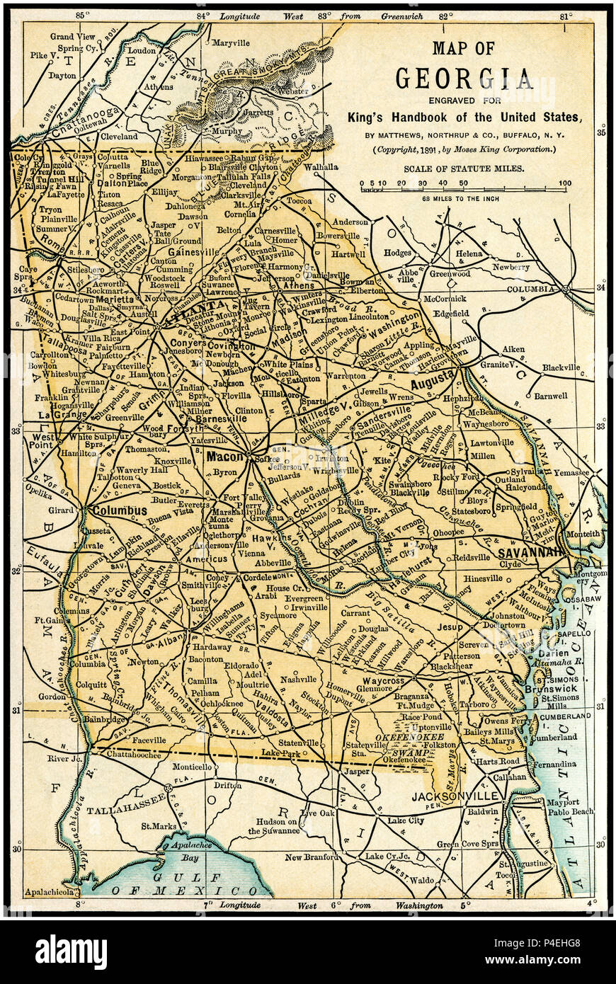Géorgie Carte Antique 1891 : Carte de la Géorgie à partir de 1891 un guide. La carte est d'un guide pour les États-Unis par Moïse King : 'King's Hand-book of the United States." Date de publication : 1891. Moïse King (1853 1909) était un éditeur américain et éditeur de livres de voyage. Banque D'Images