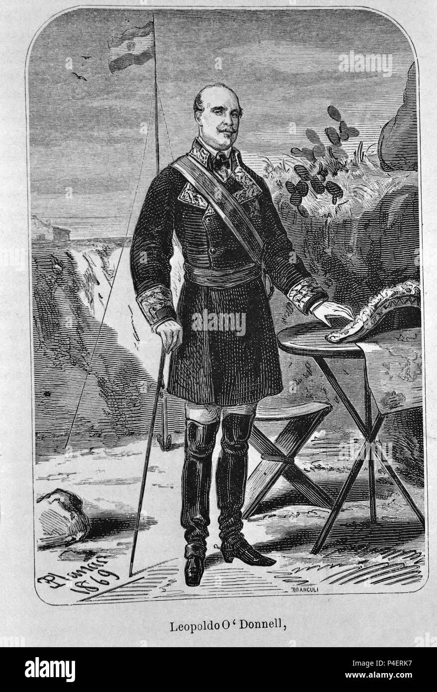 RETRATO DE LEOPOLDO O'DONNELL - la gravure en 1869. Auteur : E. Planas (xixe s.). Emplacement : MUSEO ROMANTICO-gravure, MADRID, ESPAGNE. Banque D'Images