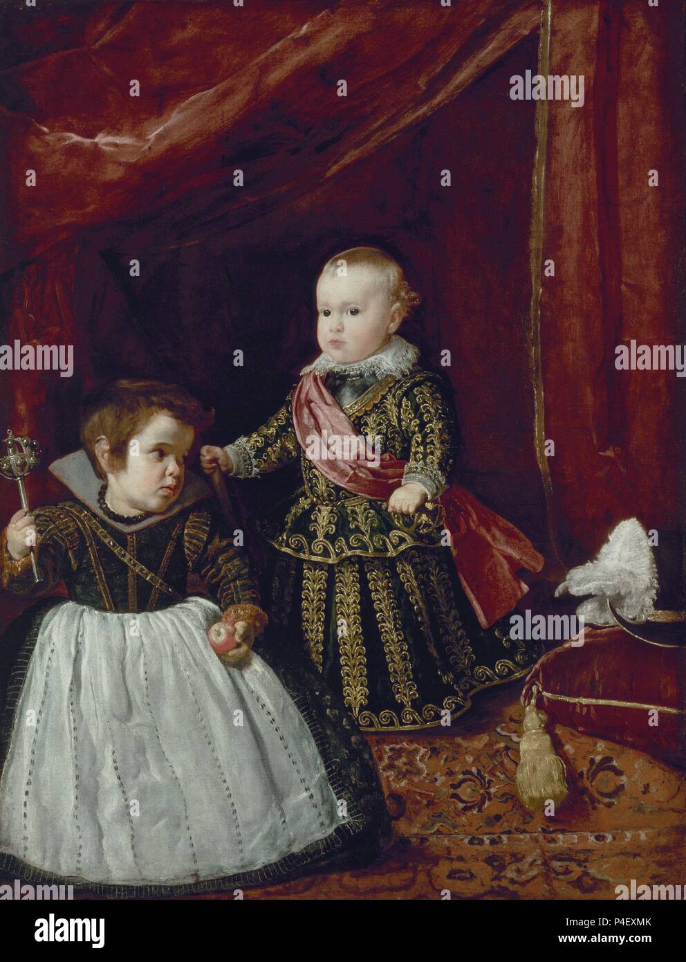 Portrait du prince Baltasar Charles avec un nain. Retrato del principe Baltasar wagonnées con un enano 1631. Huile sur toile. 128x102. Boston - Massachusetts, Musée des beaux-arts. Auteur : Diego Velázquez (1599-1660). Lieu : MUSÉE DES BEAUX-ARTS DE BOSTON-MASSACHUSETTS. Banque D'Images