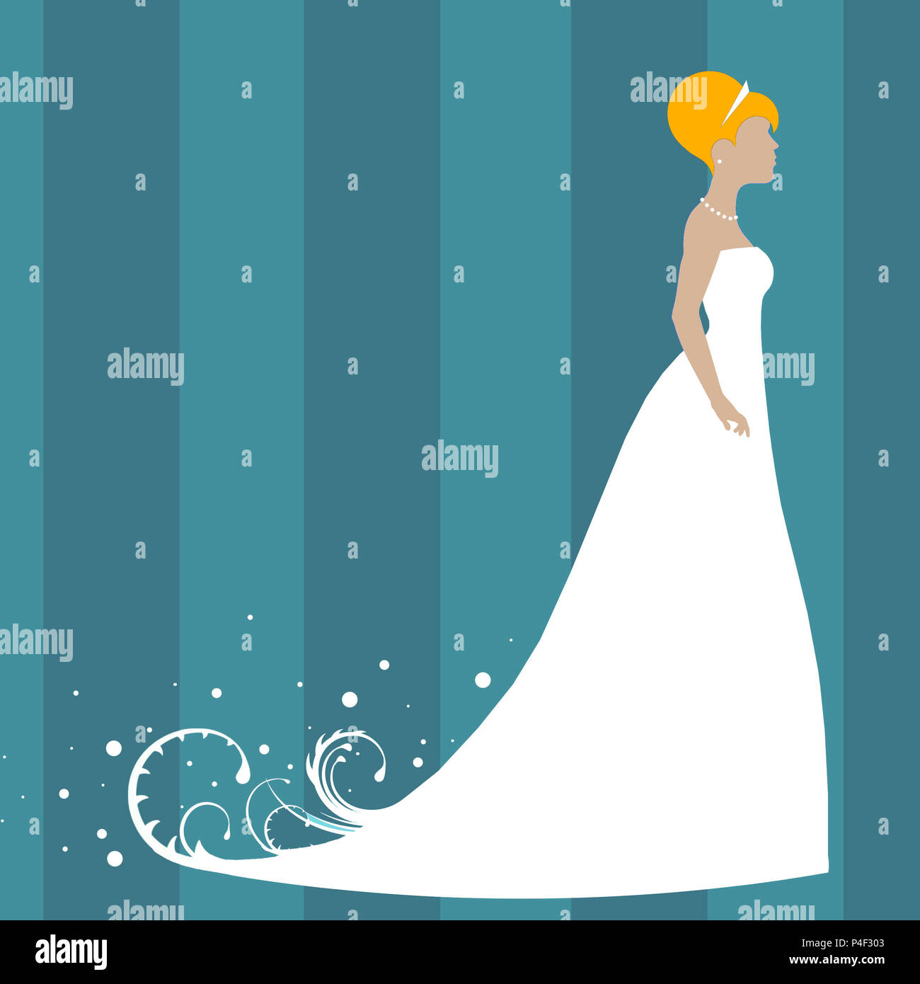 Simple et élégante, cette illustration d'une belle épouse contre un fond à motifs Banque D'Images