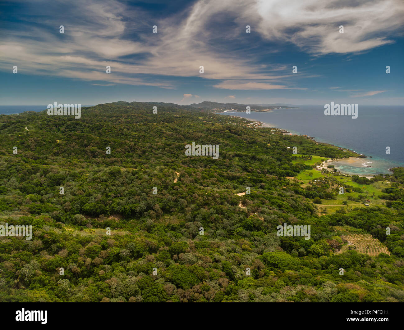 Vue aérienne de la mer des Caraïbes de l'île de Roatan Banque D'Images