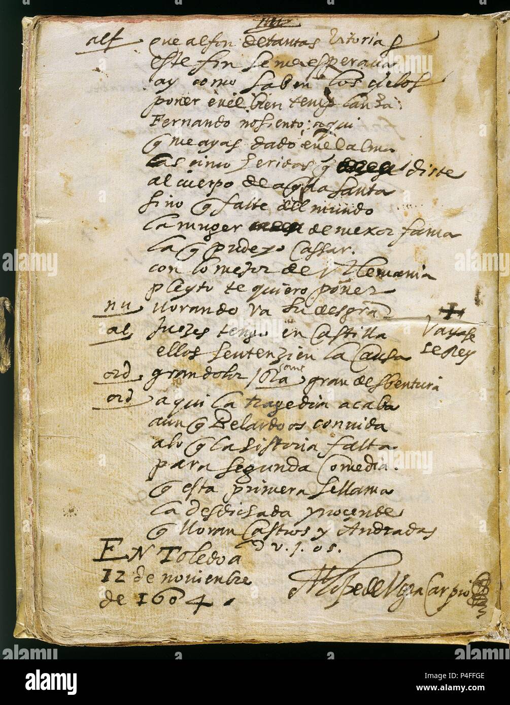 ULTIMA PAGINA DEL MANUSCRITO ORIGINAL DE ESTEFANIA LA DESDICHADA- 1604. Auteur : Félix Lope de Vega (1562-1635). Emplacement : ACADEMIA DE LA LENGUA-COLECCION, MADRID, ESPAGNE. Banque D'Images