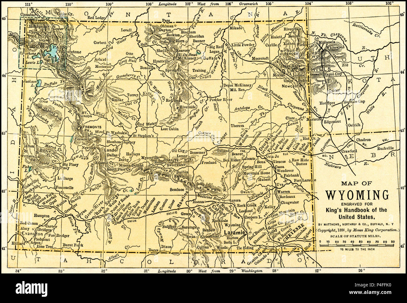 Wyoming Carte Antique 1891 : Carte du Wyoming à partir d'une guide 1891 : 'King's Hand-Book des États-Unis." Date de publication : 1891. Moïse King (1853 1909) était un éditeur américain et éditeur de livres de voyage. Banque D'Images