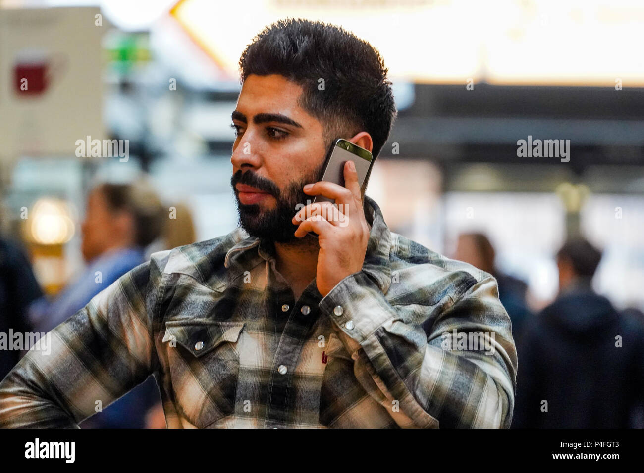 Grand homme avec barbe, chemise de bûcheron, en conversation téléphonique mobile Banque D'Images