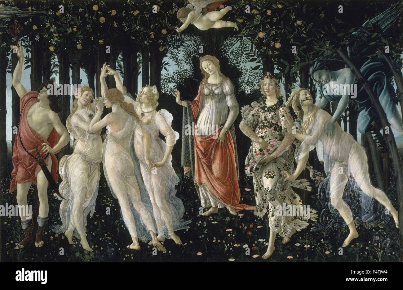 'Primavera (printemps)", ch. 1482, tempera sur panneau, 203 x 314 cm, après restauration. Auteur : Sandro Botticelli (1445-1510). Emplacement : GALERIA DE LOS UFFIZI, Florence. Banque D'Images
