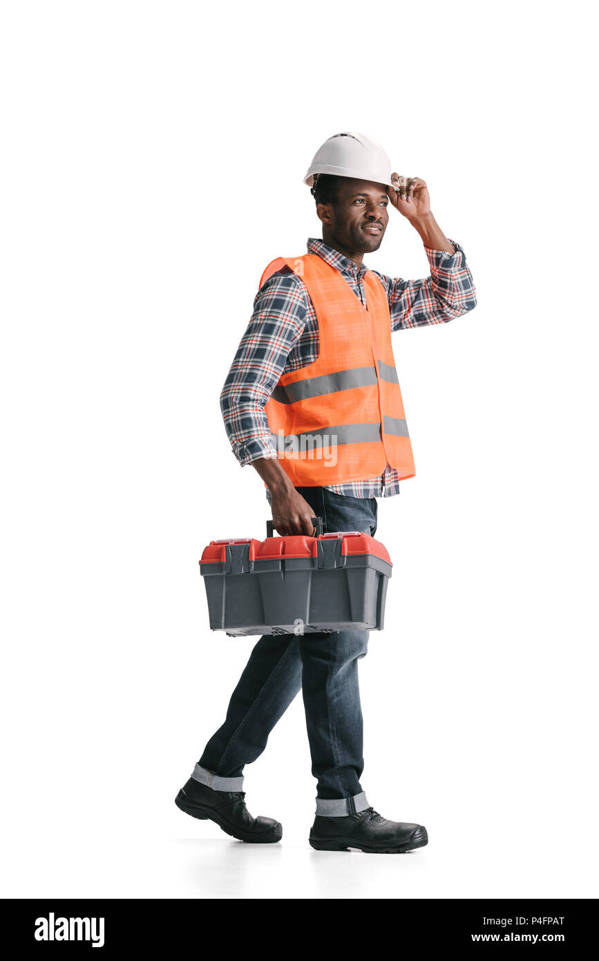 Quelques africains-américains construction worker avec boîte à outils isolated on white Banque D'Images