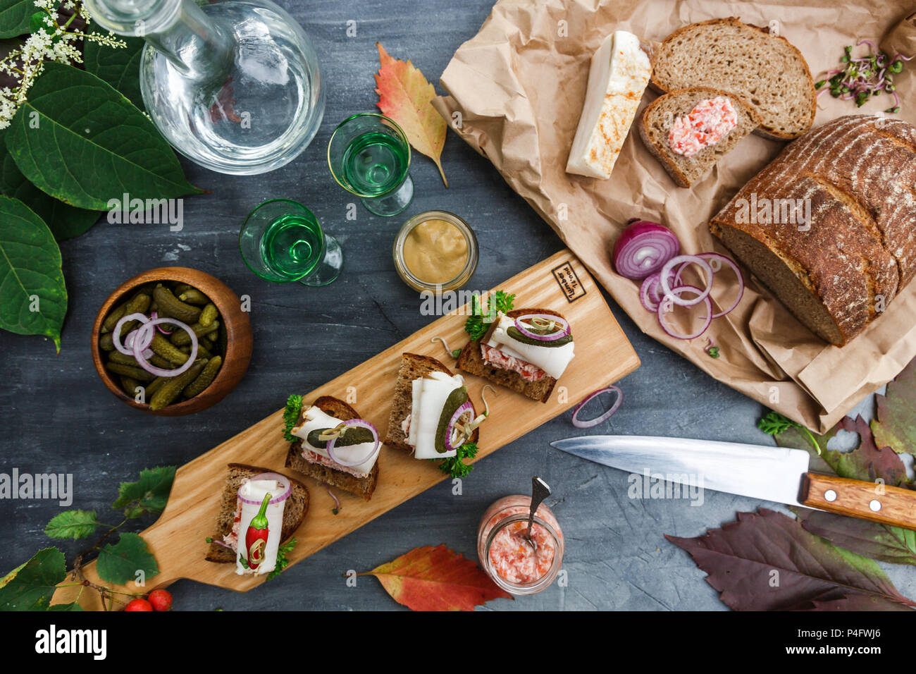 Apéritifs avec du pain et du saindoux, vue du dessus Banque D'Images